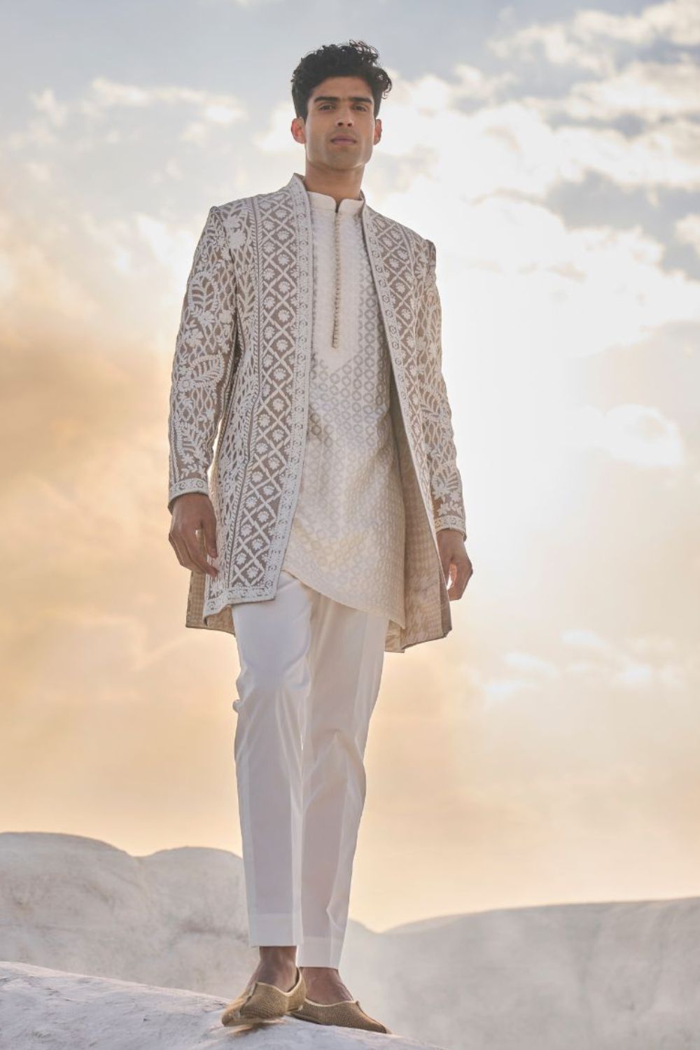 Nude Cream Open Sherwani Set