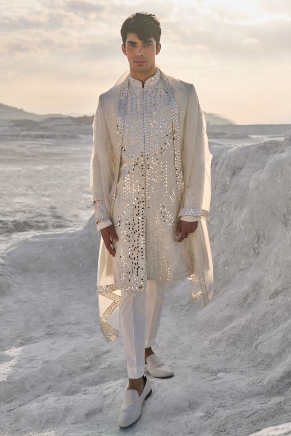 Off-White Mirror Work Sherwani Set