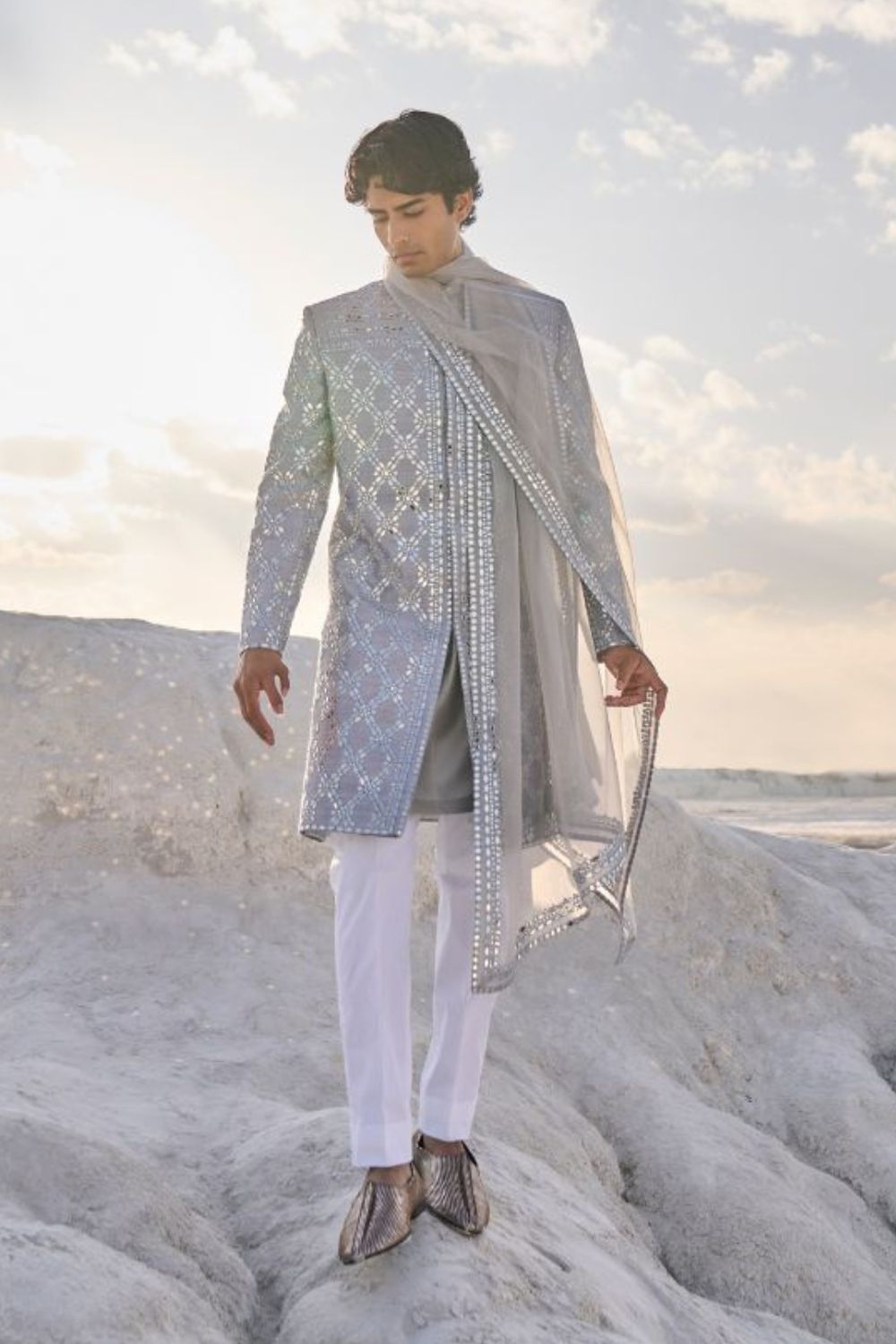 Metallic Grey Mirror Work Sherwani Set