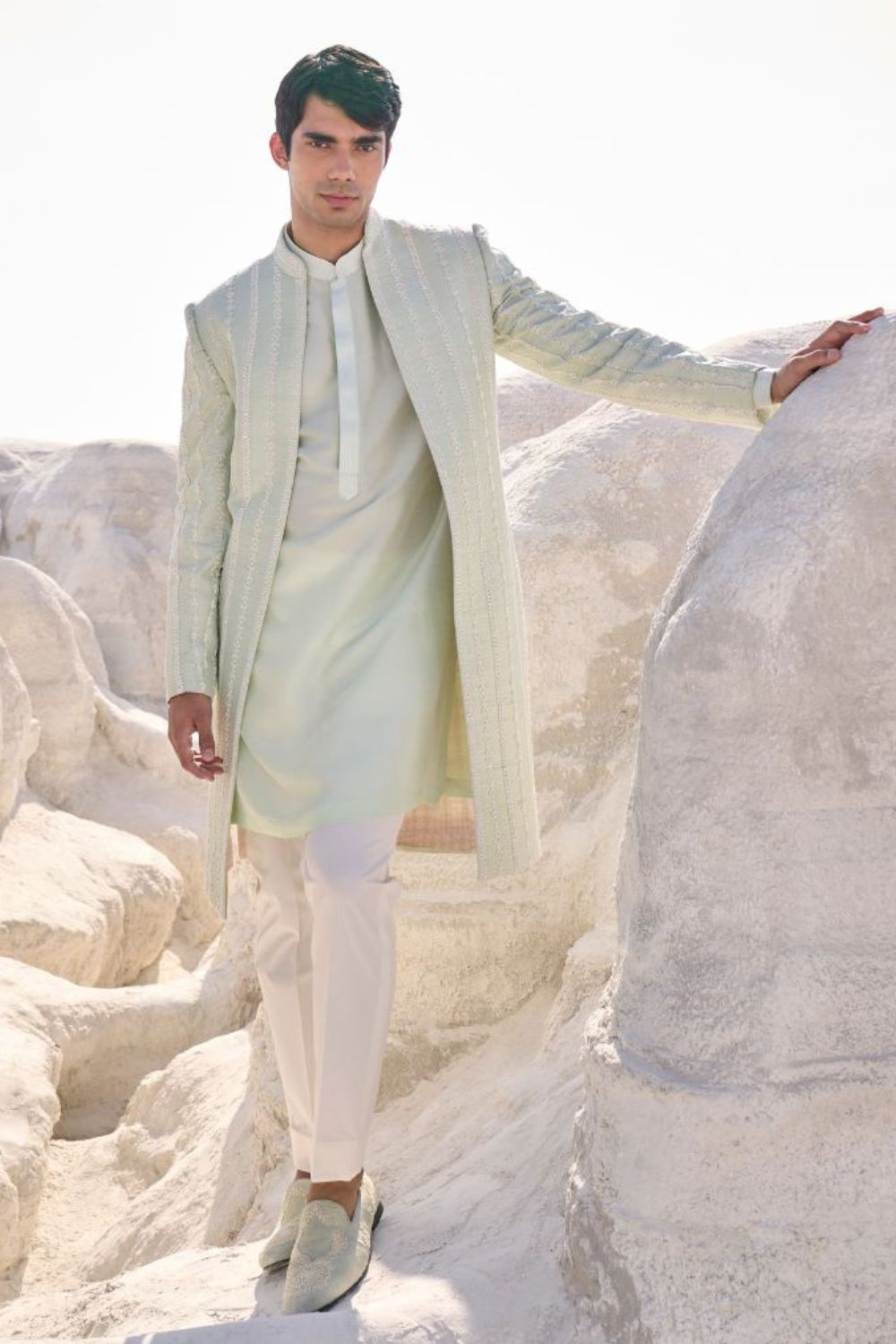 Sea Green Pearl Open Sherwani Set