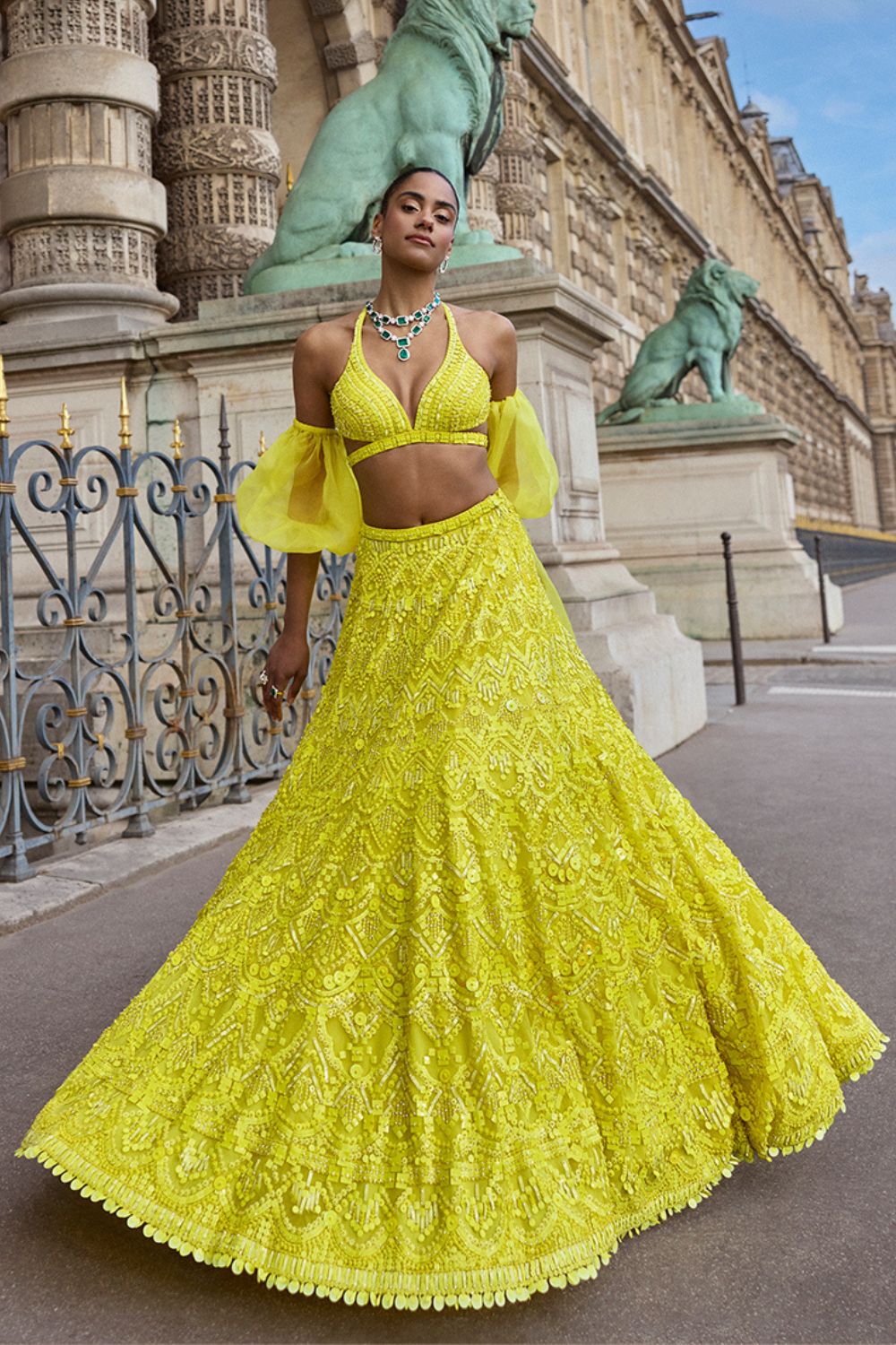 Neon Yellow Sequin Lehenga Set