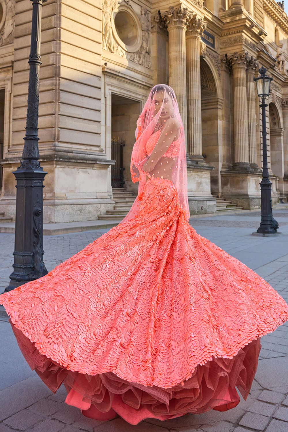 Neon Peach Sequin Lehenga Set