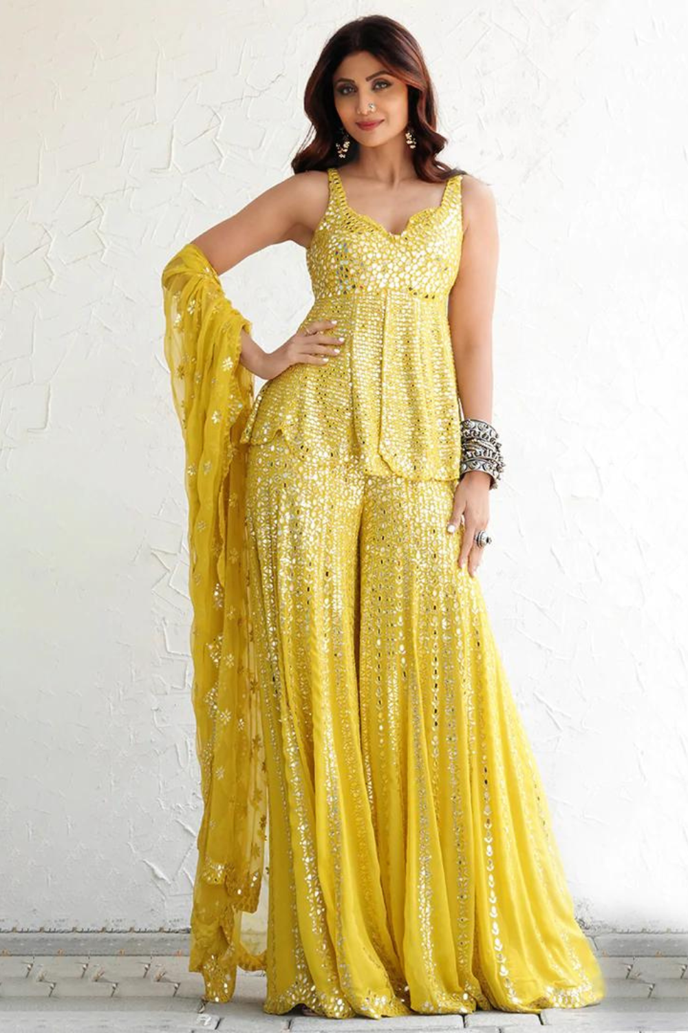 Shilpa Shetty In Mustard Yellow Mirror Work Sharara Set