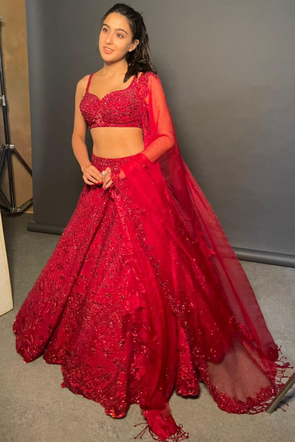 Sara Ali Khan In Dark Red Sequins Lehenga Set