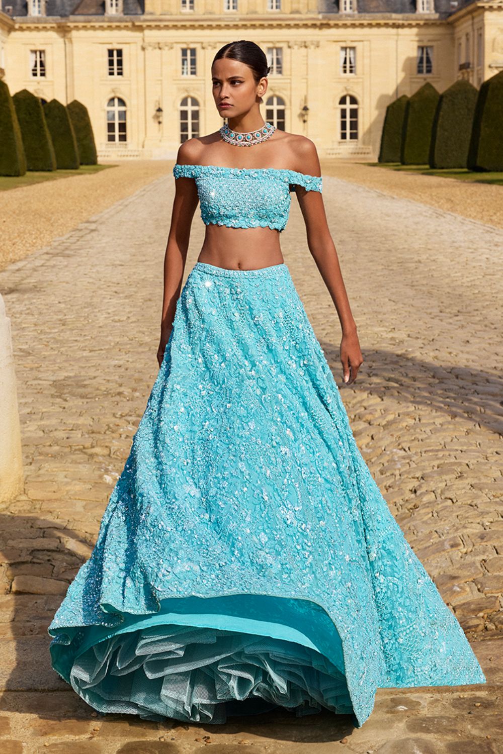 Turquoise Sequin Lehenga Set