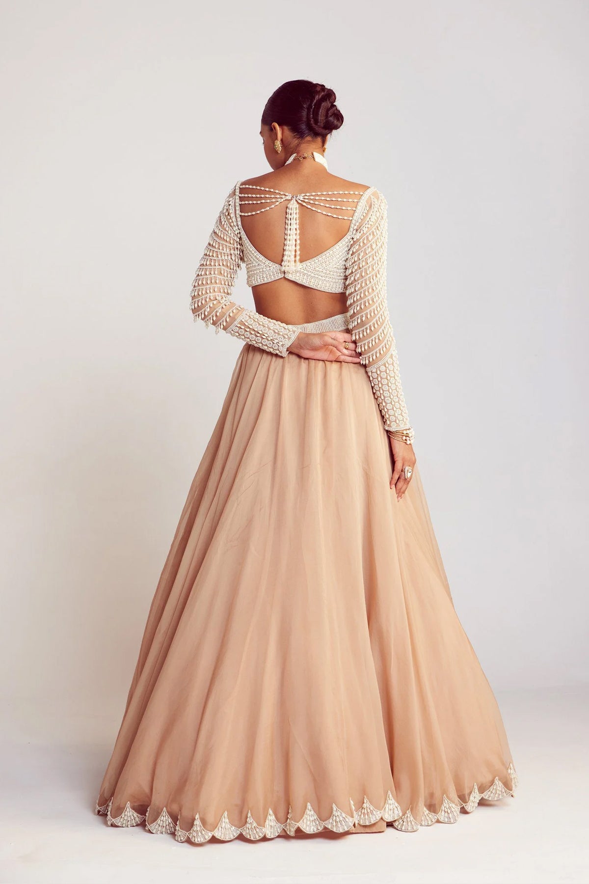 Beige Pearl Chandelier Drop Organza Lehenga Set