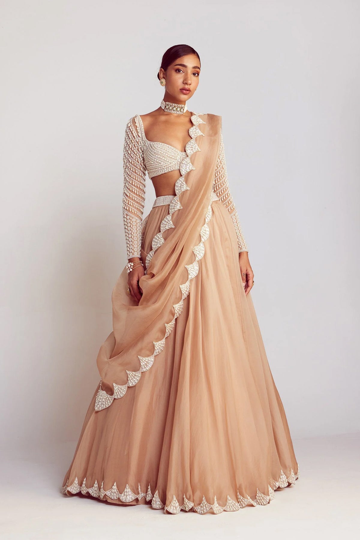 Beige Pearl Chandelier Drop Organza Lehenga Set