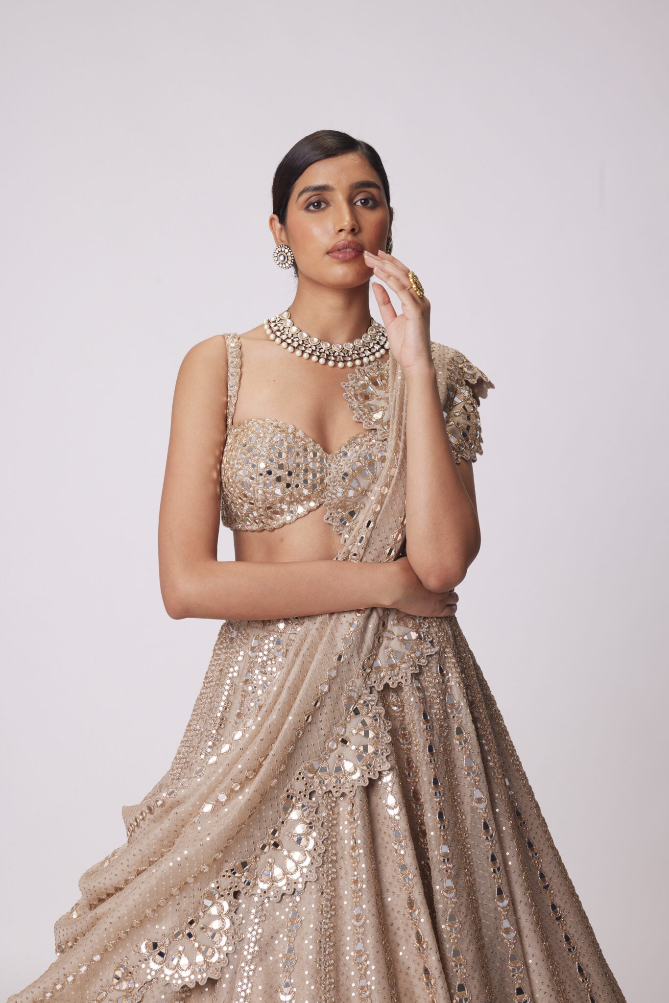 Light Beige Sequin Embroidered Lehenga Set