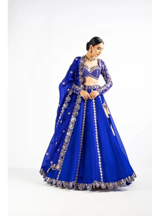 Royal Blue Embellished Blouse And Lehenga Set  - Ready To Ship