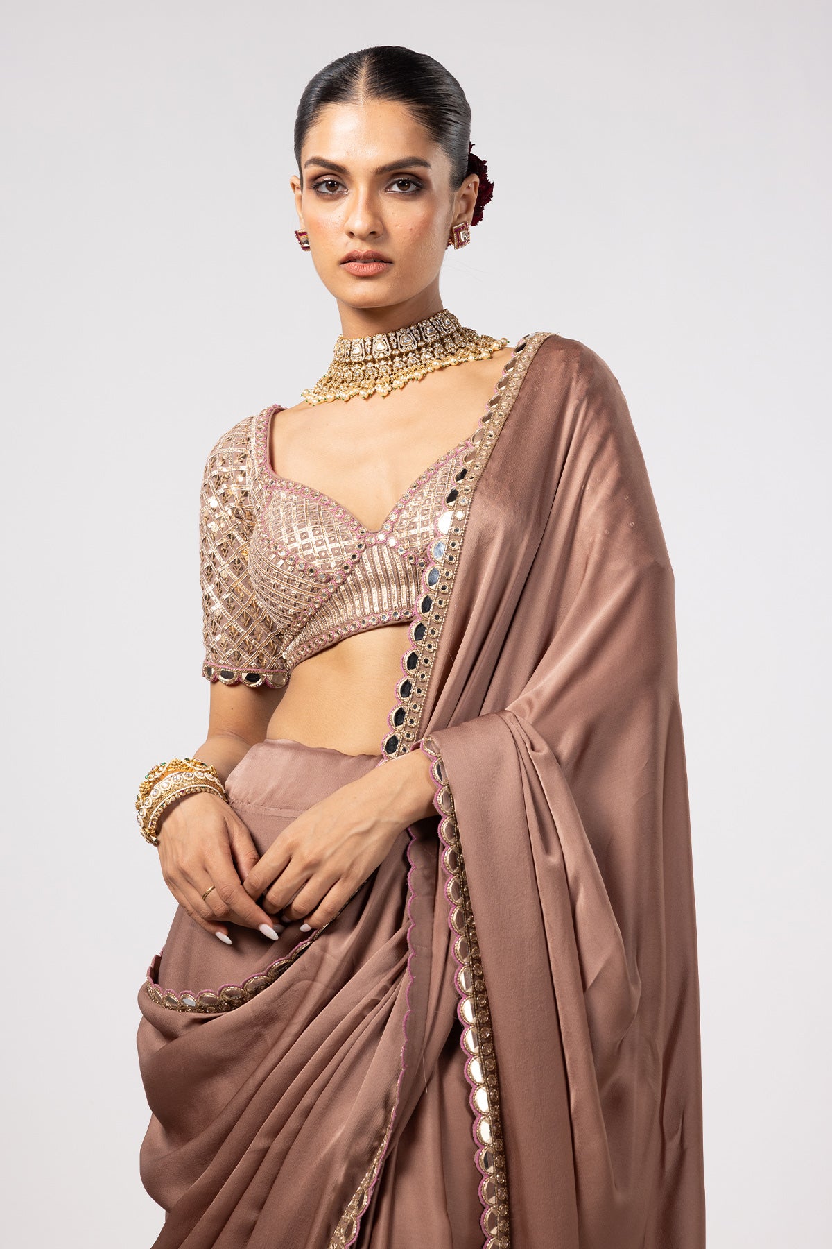 Deep Beige Satin Saree With Sweetheart Neck Blouse