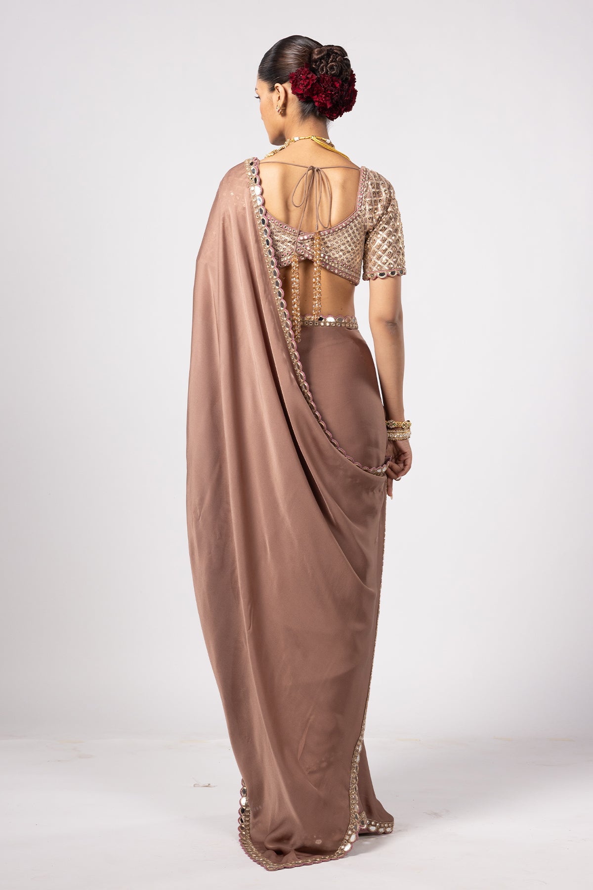 Deep Beige Satin Saree With Sweetheart Neck Blouse