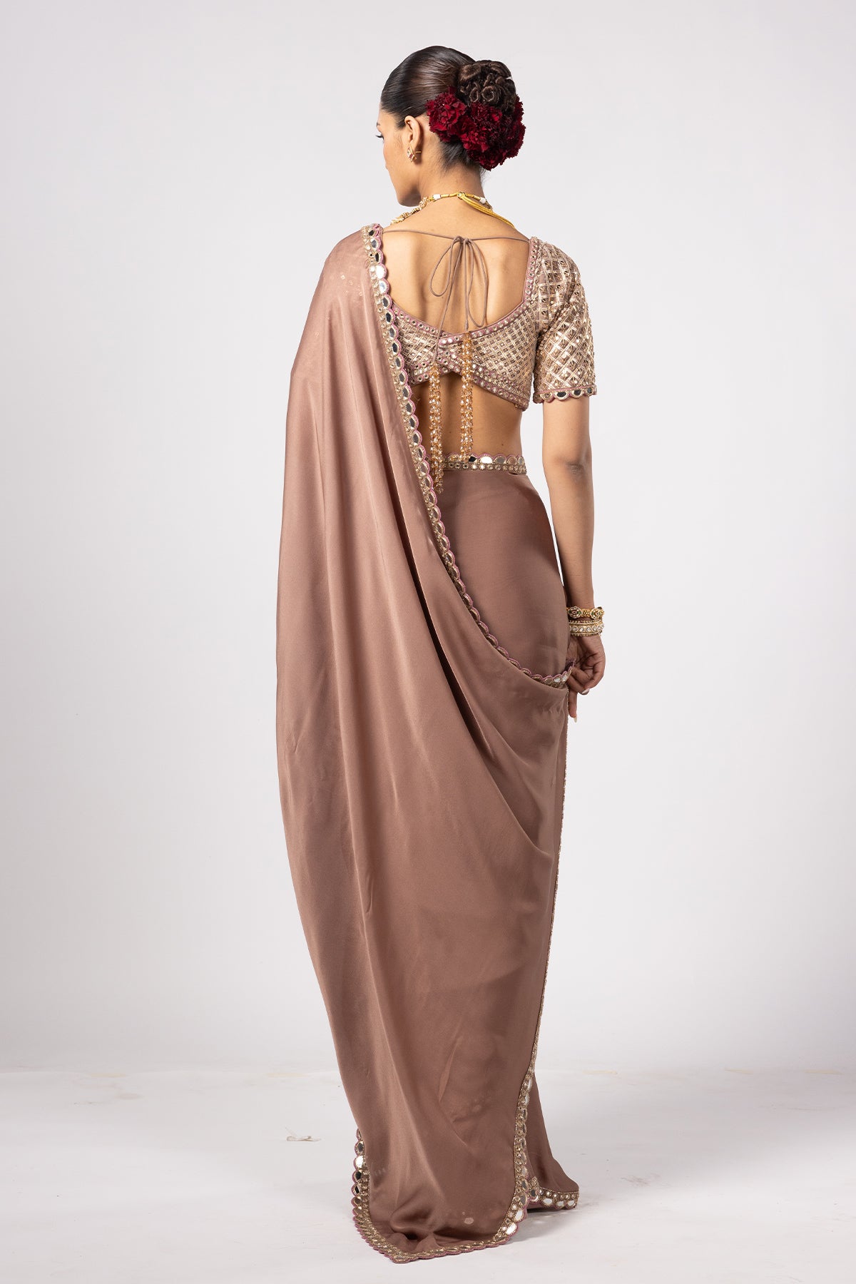Deep Beige Satin Saree With Sweetheart Neck Blouse