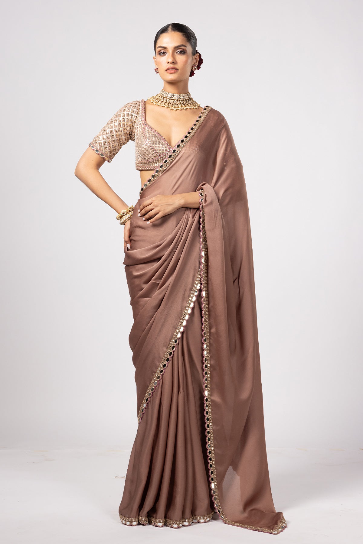 Deep Beige Satin Saree With Sweetheart Neck Blouse