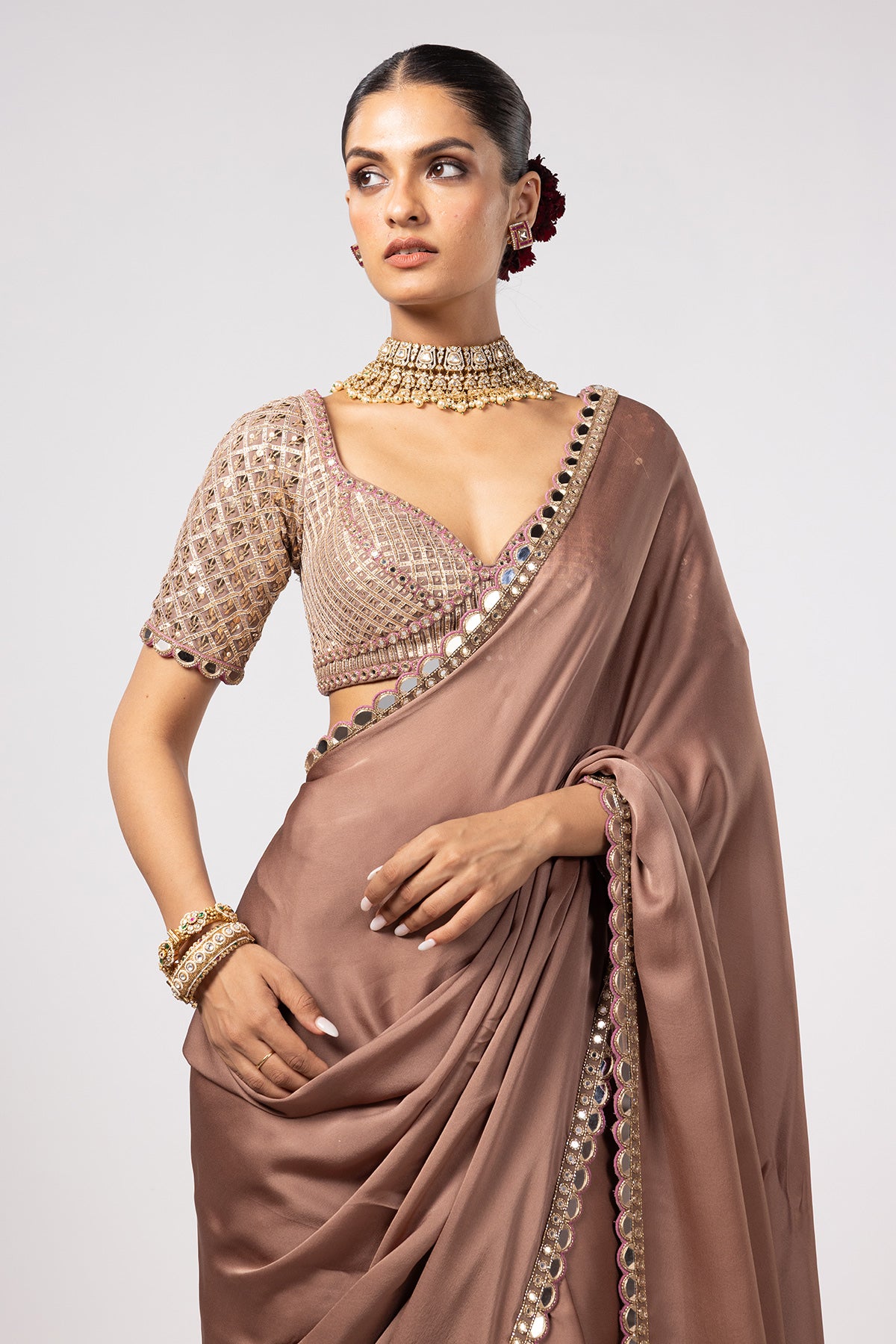 Deep Beige Satin Saree With Sweetheart Neck Blouse