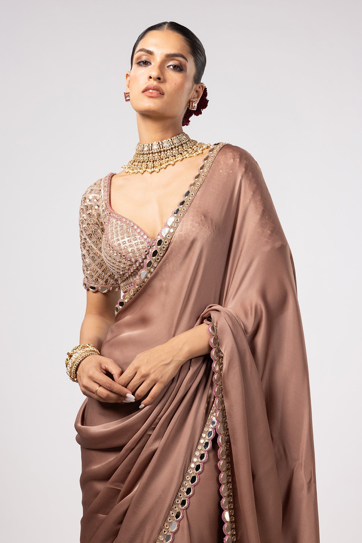Deep Beige Satin Saree With Sweetheart Neck Blouse