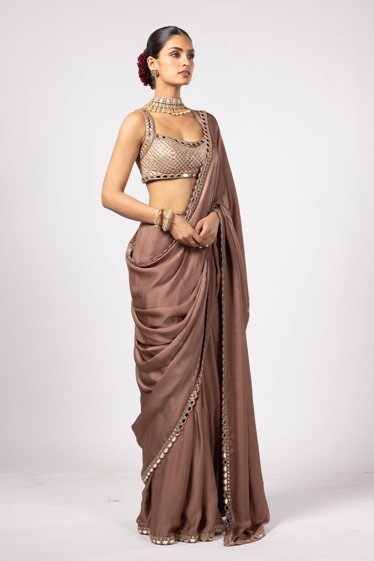 Deep Beige Satin Saree With Square Neck Blouse