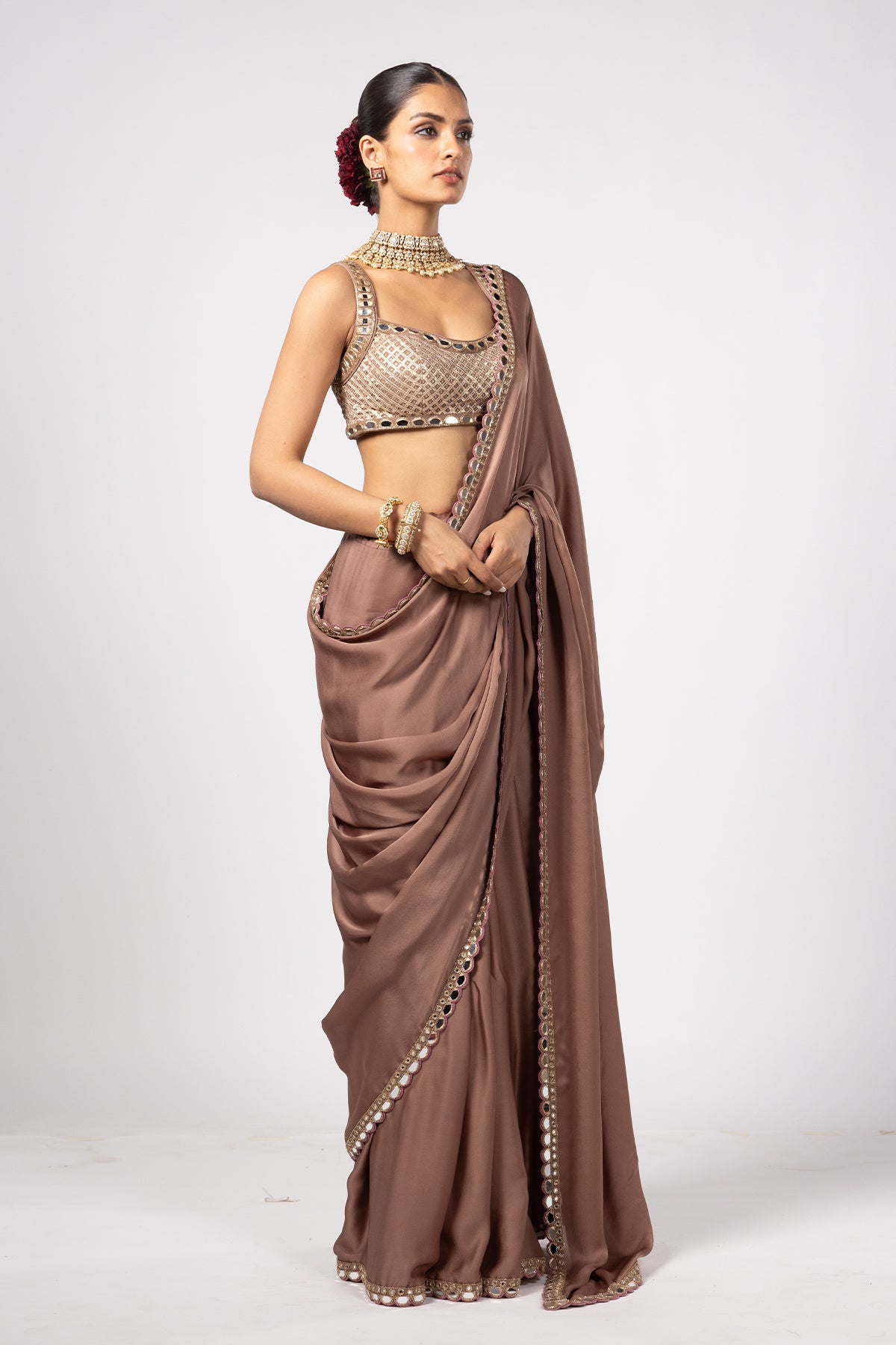 Deep Beige Satin Saree With Square Neck Blouse