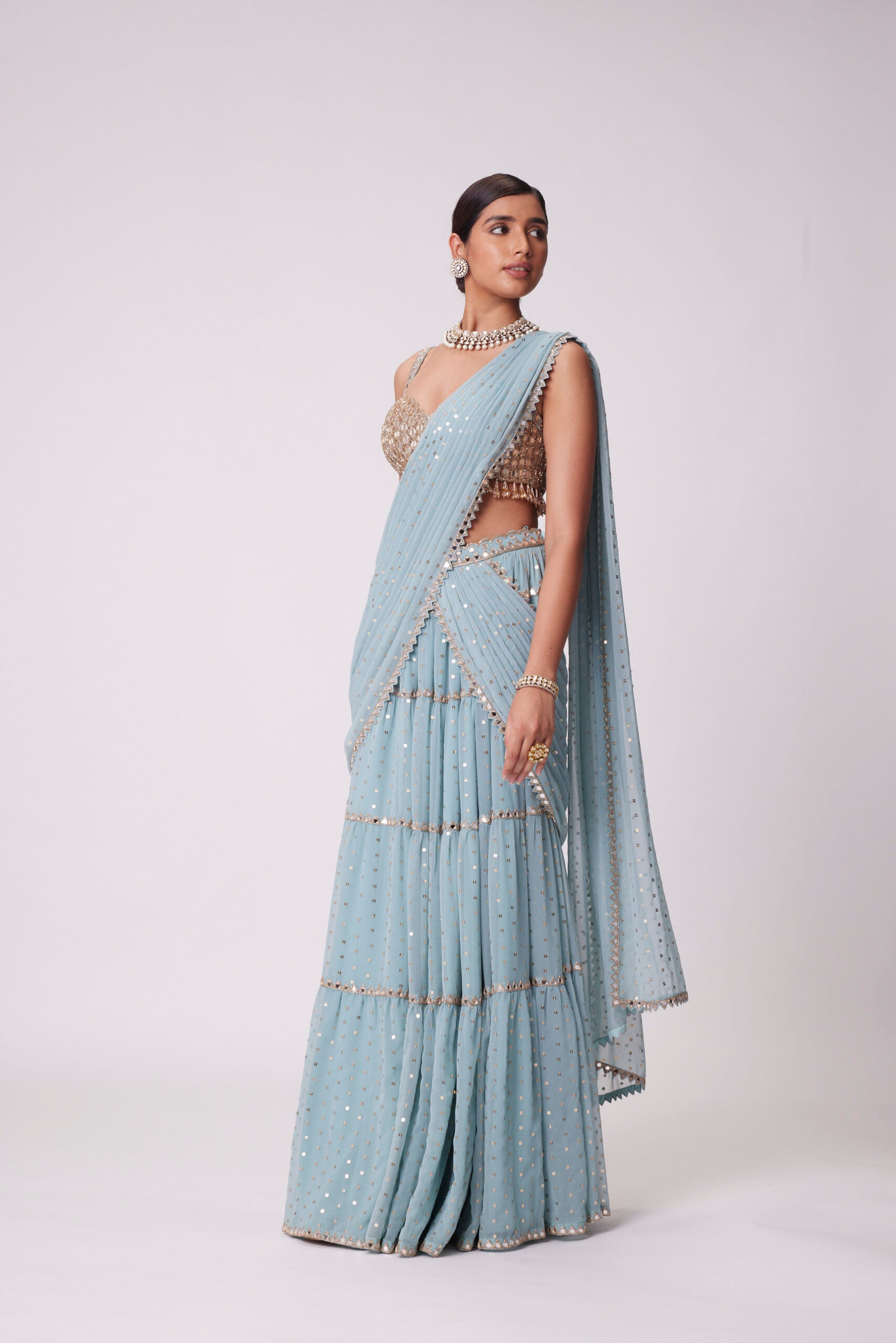 Powder Blue Multitier Saree Set