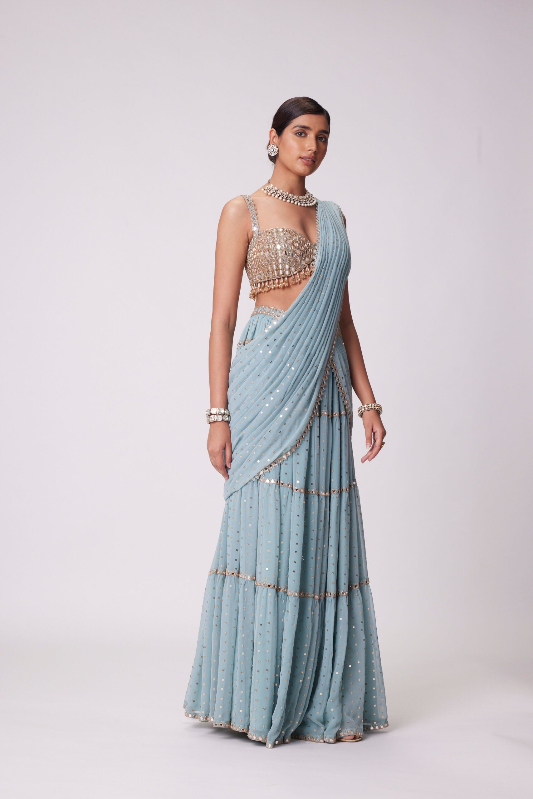 Powder Blue Multitier Saree Set