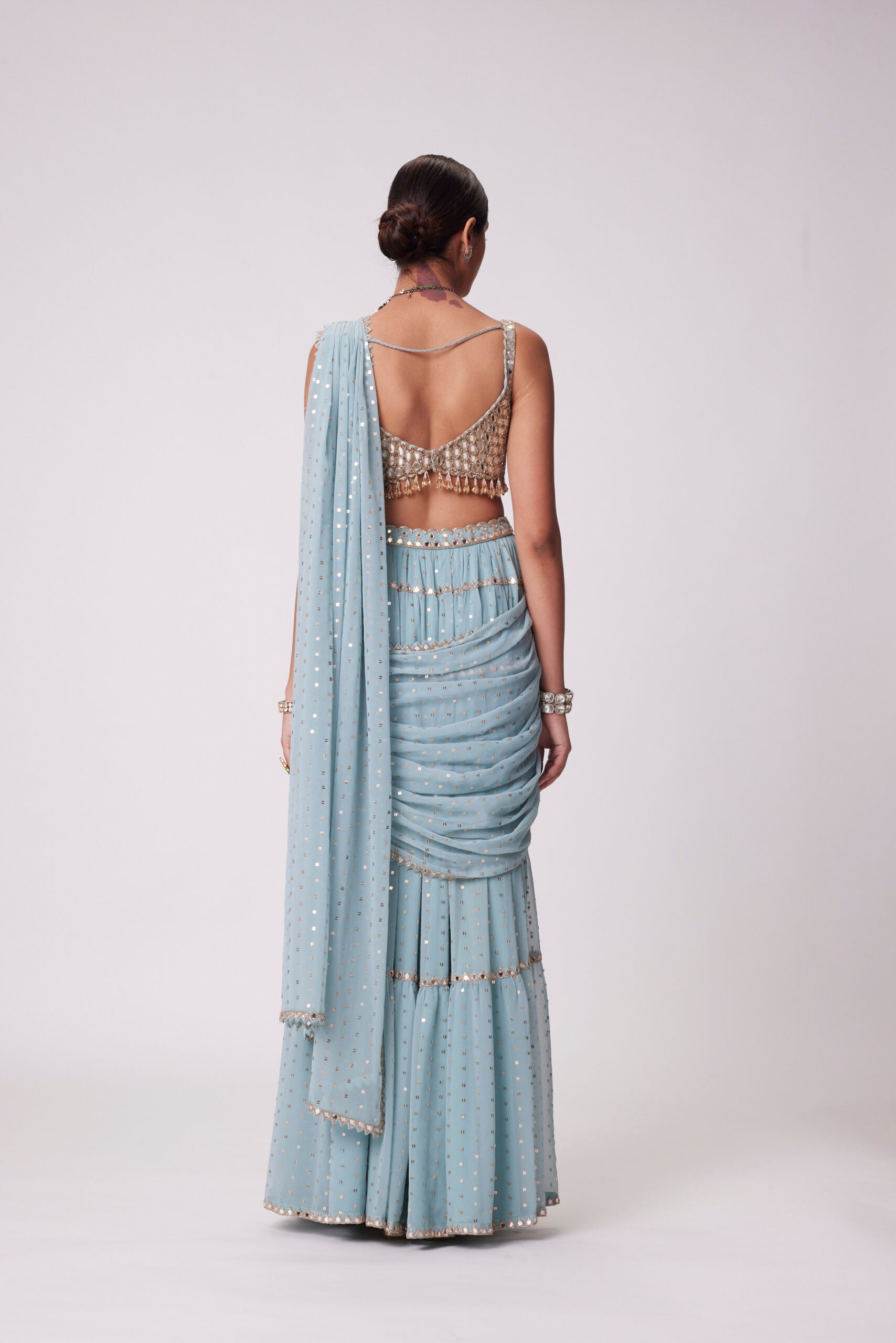 Powder Blue Multitier Saree Set