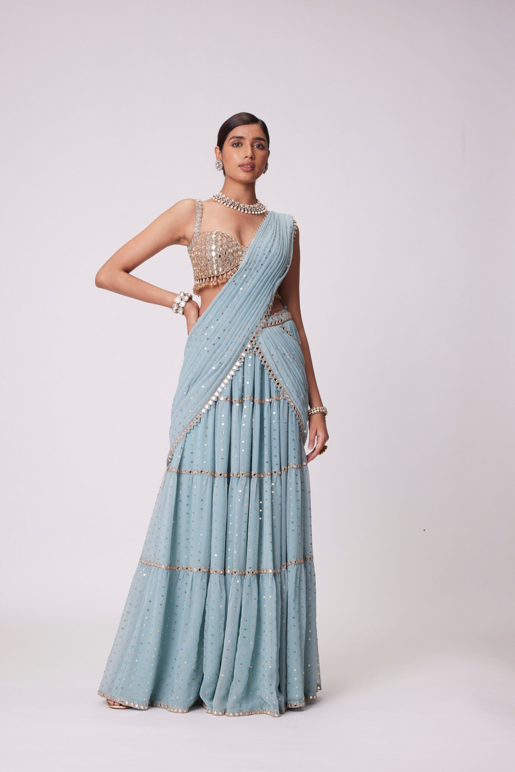 Powder Blue Multitier Saree Set