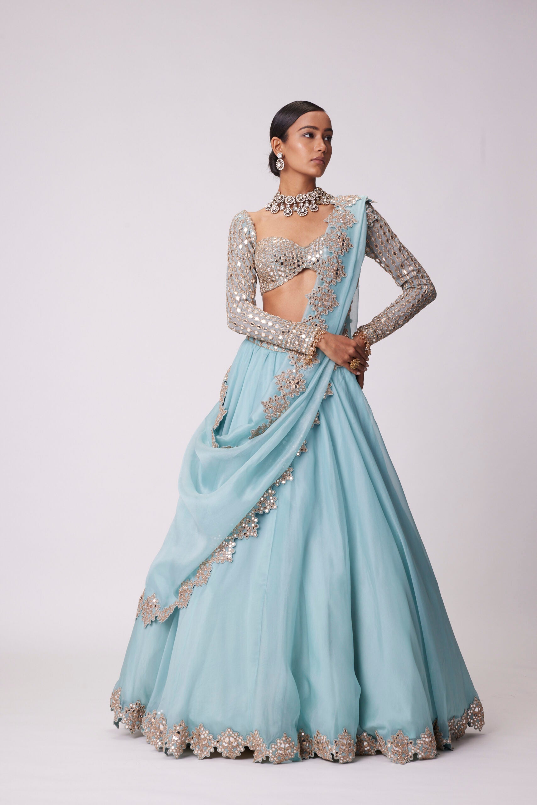 Powder Blue Organza Mirror Embroidered Lehenga Set