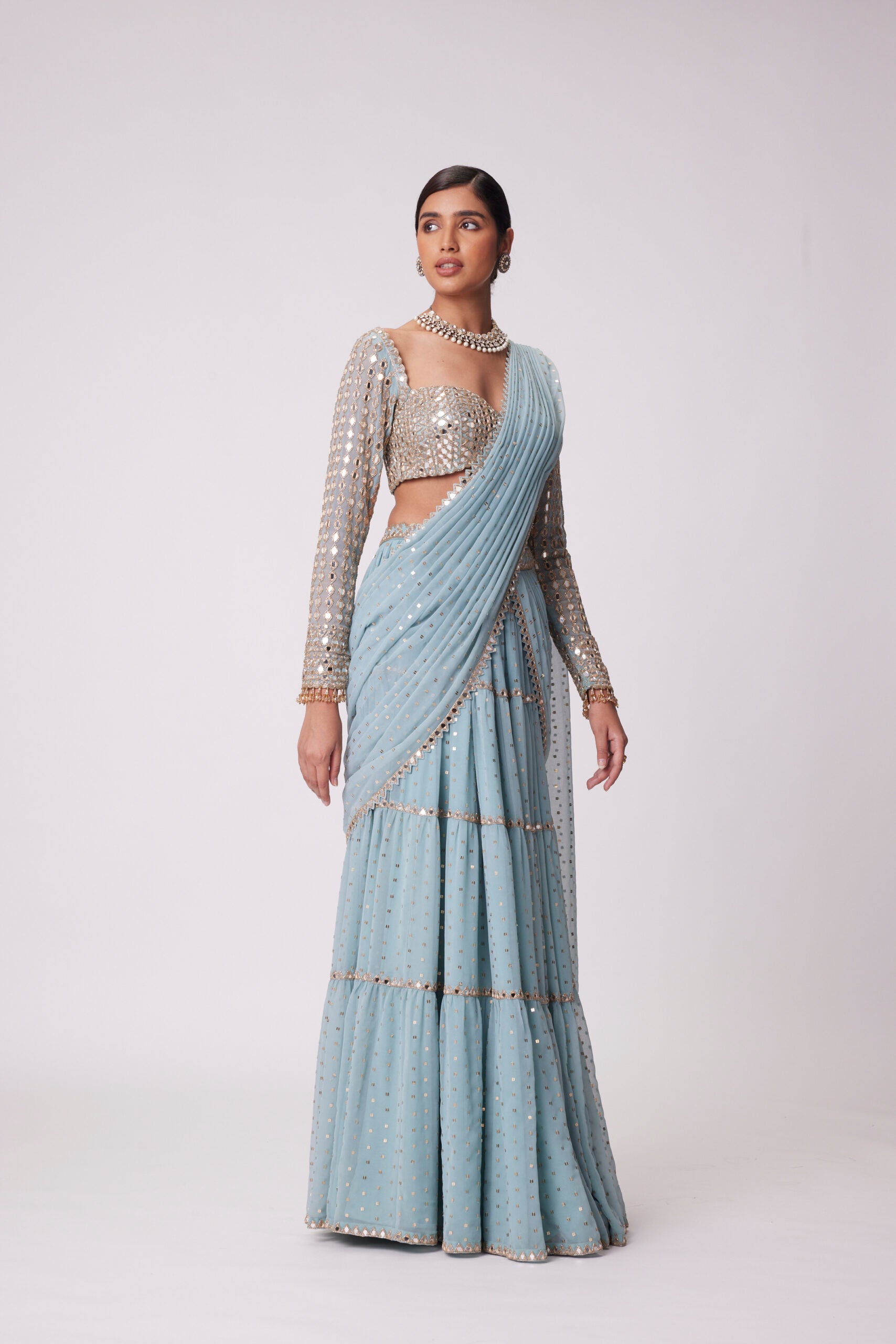 Powder Blue Multitier Hand Embroidered Saree Set