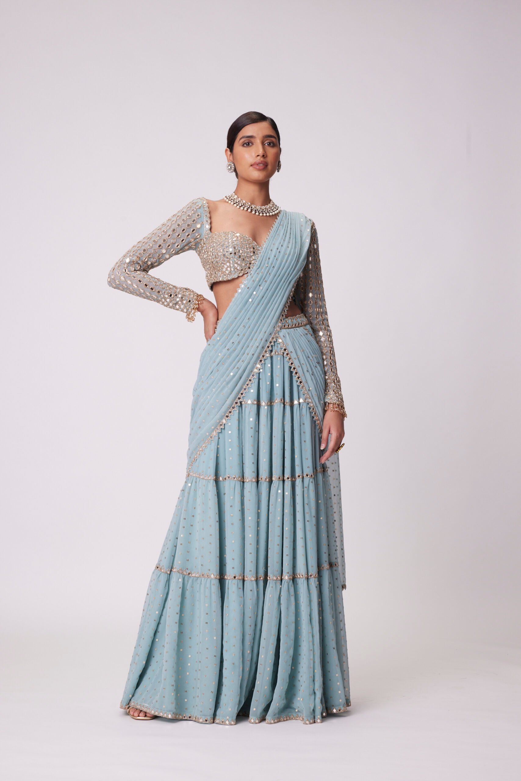 Powder Blue Multitier Hand Embroidered Saree Set