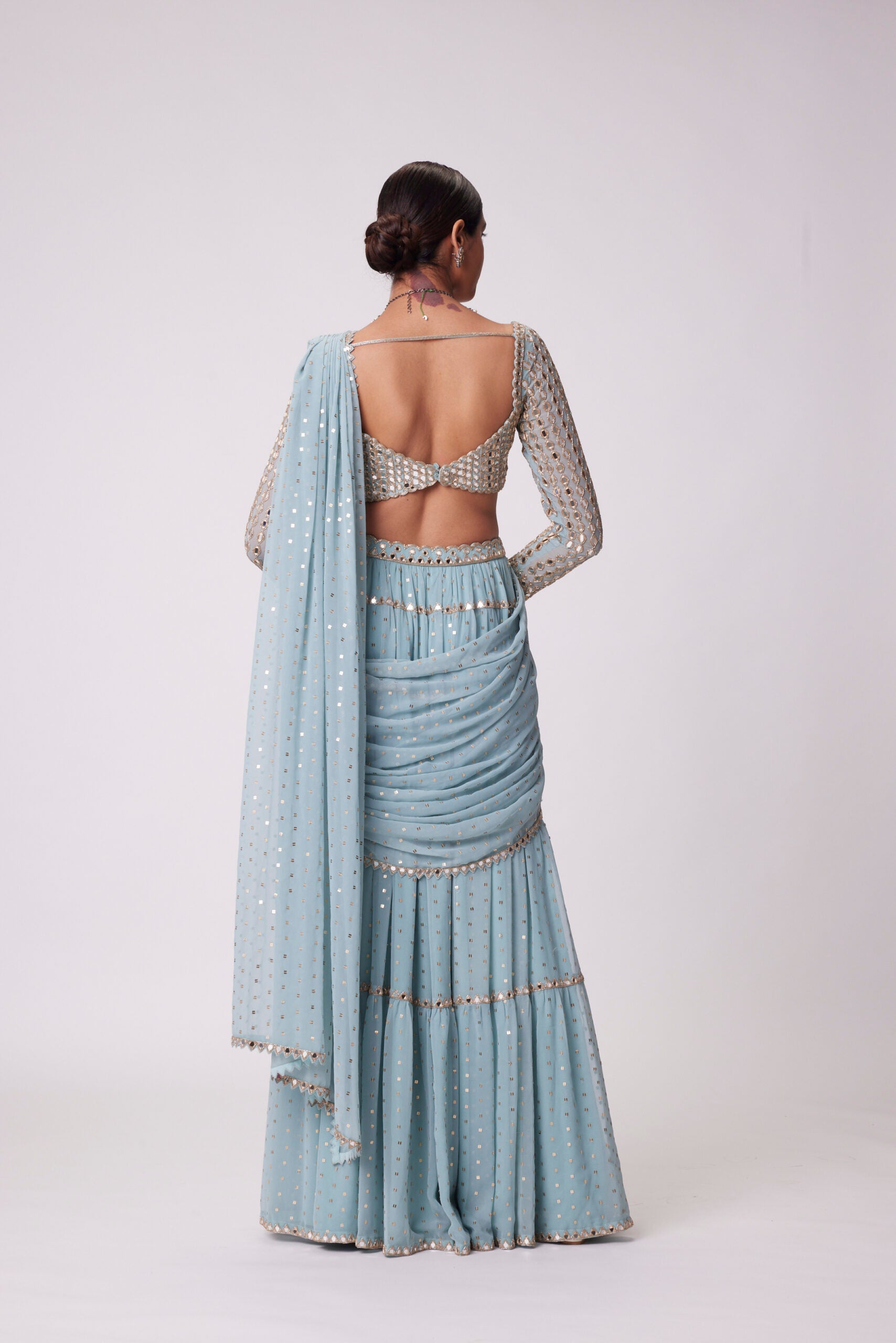 Powder Blue Multitier Hand Embroidered Saree Set