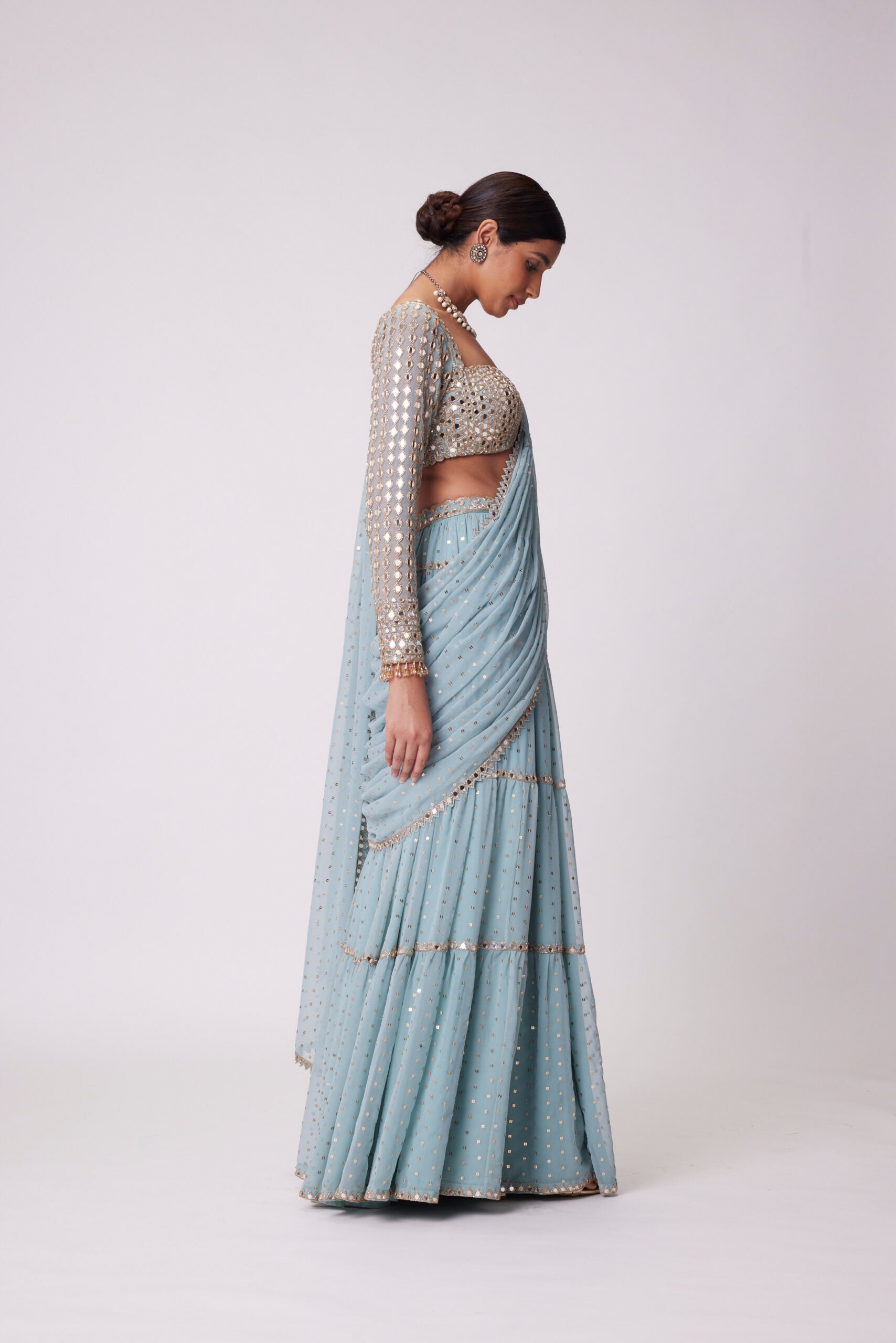 Powder Blue Multitier Hand Embroidered Saree Set