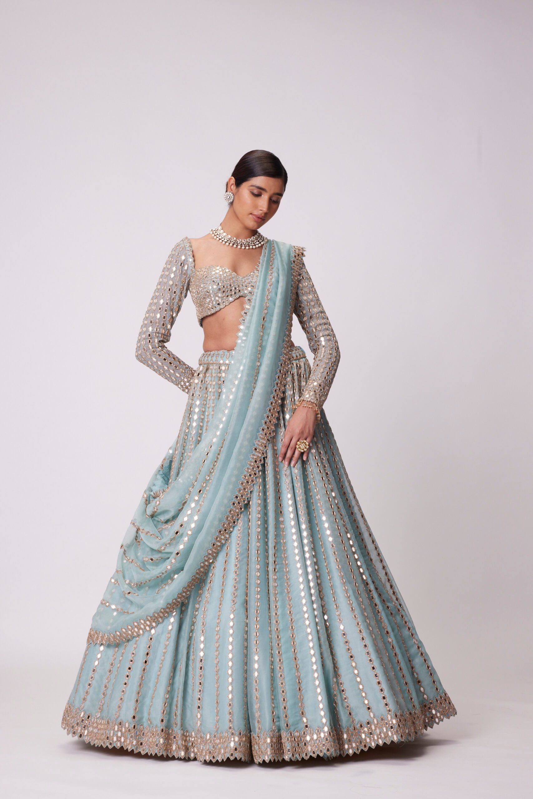 Powder Blue Linear Embroidered Lehenga Set