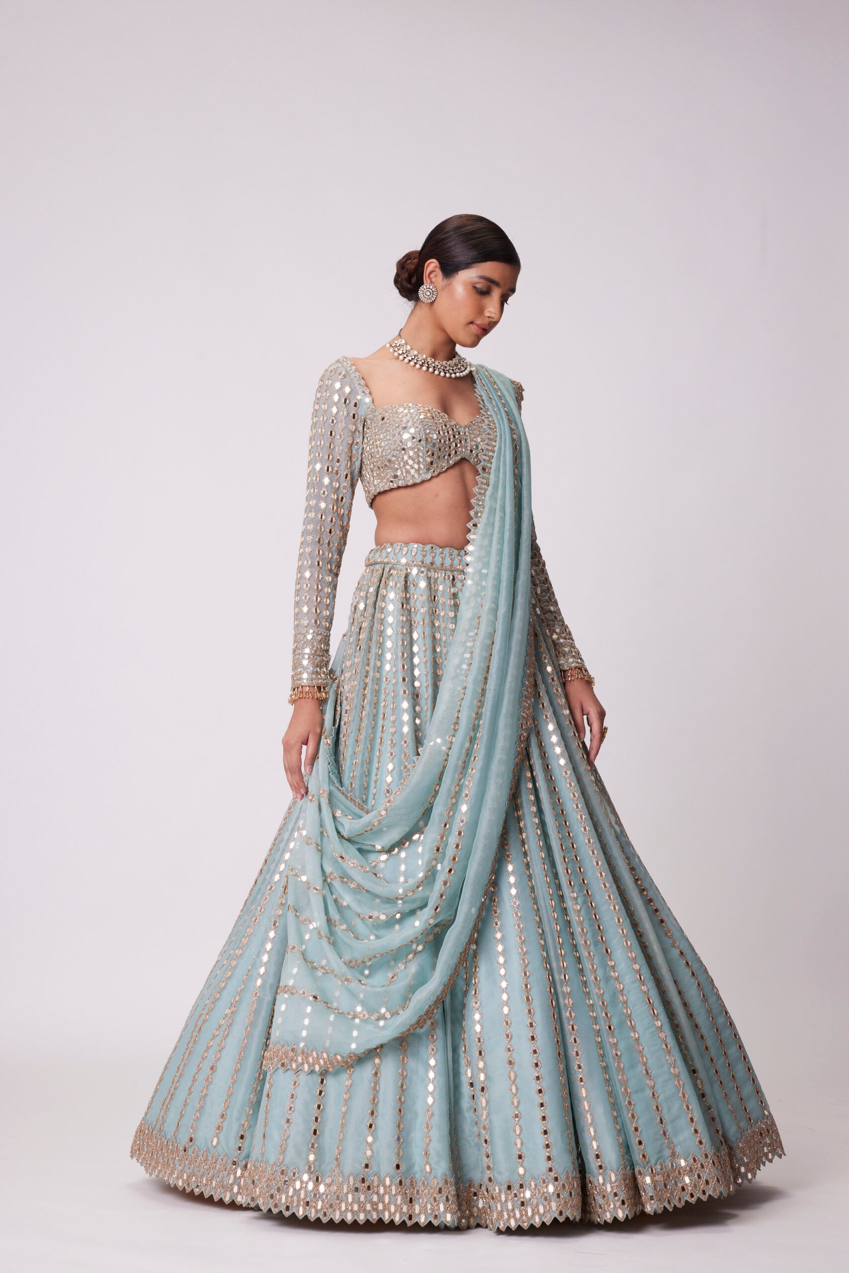 Powder Blue Linear Embroidered Lehenga Set