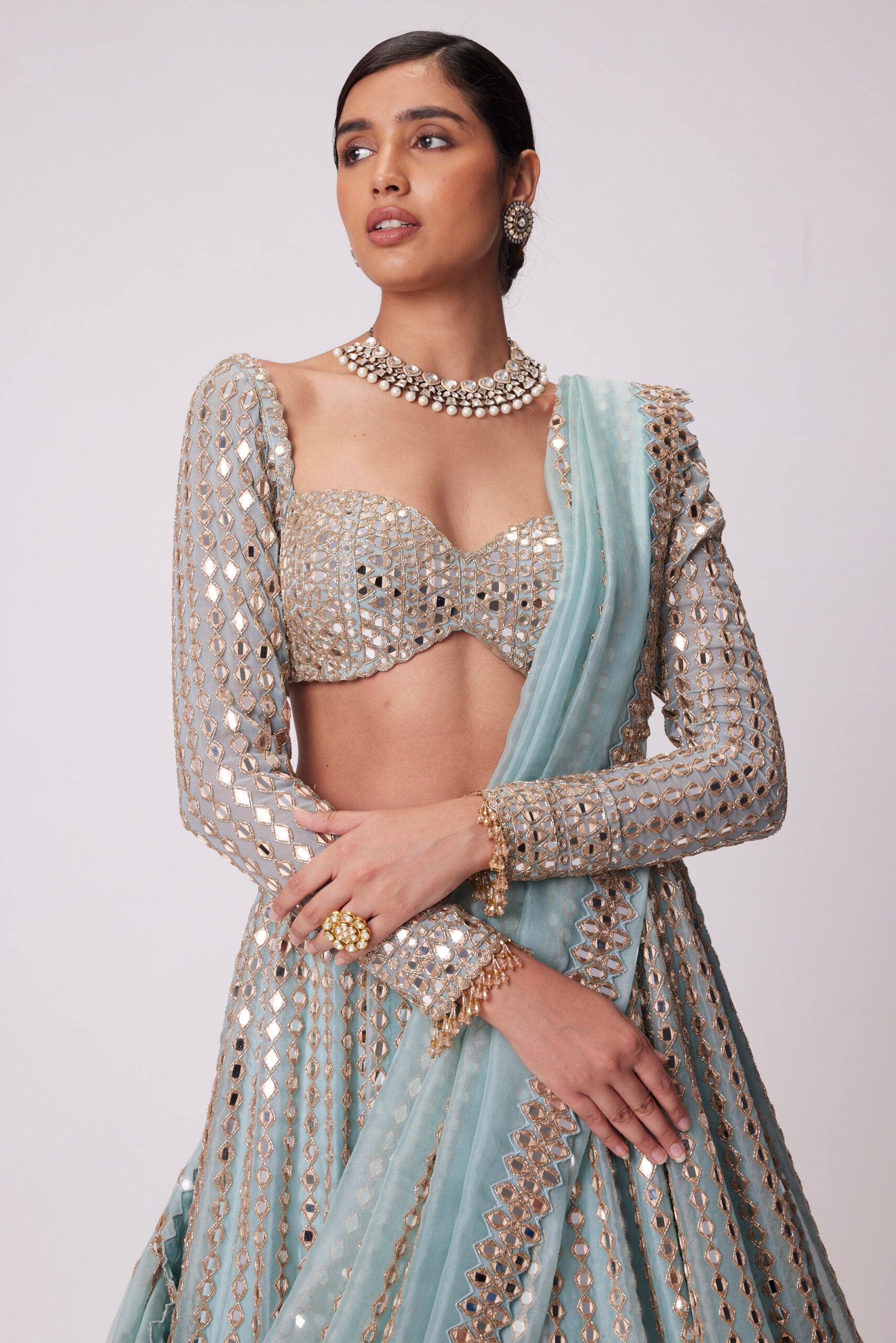 Powder Blue Linear Embroidered Lehenga Set