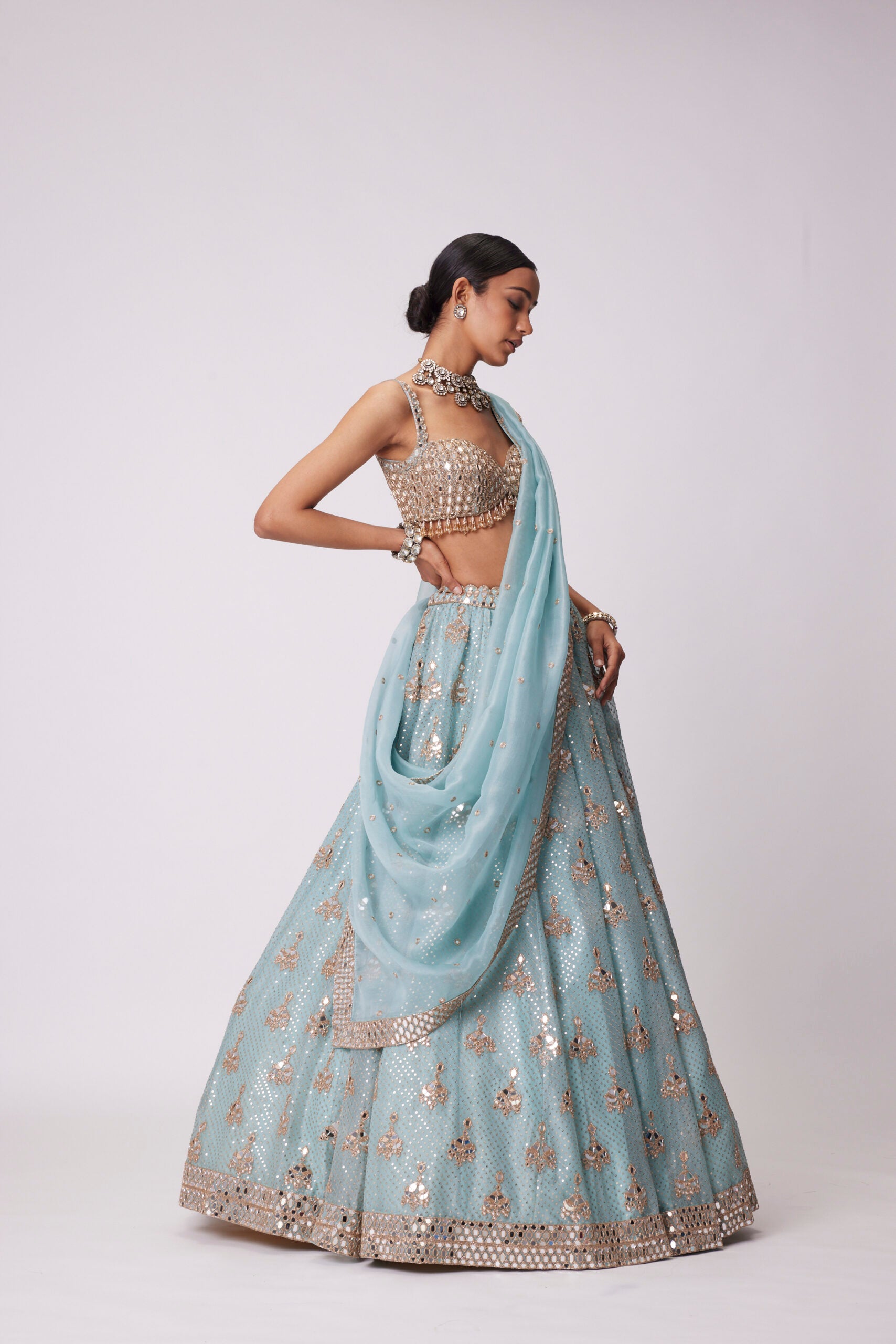 Powder Blue Organza Sequin Embroidered Lehenga Set