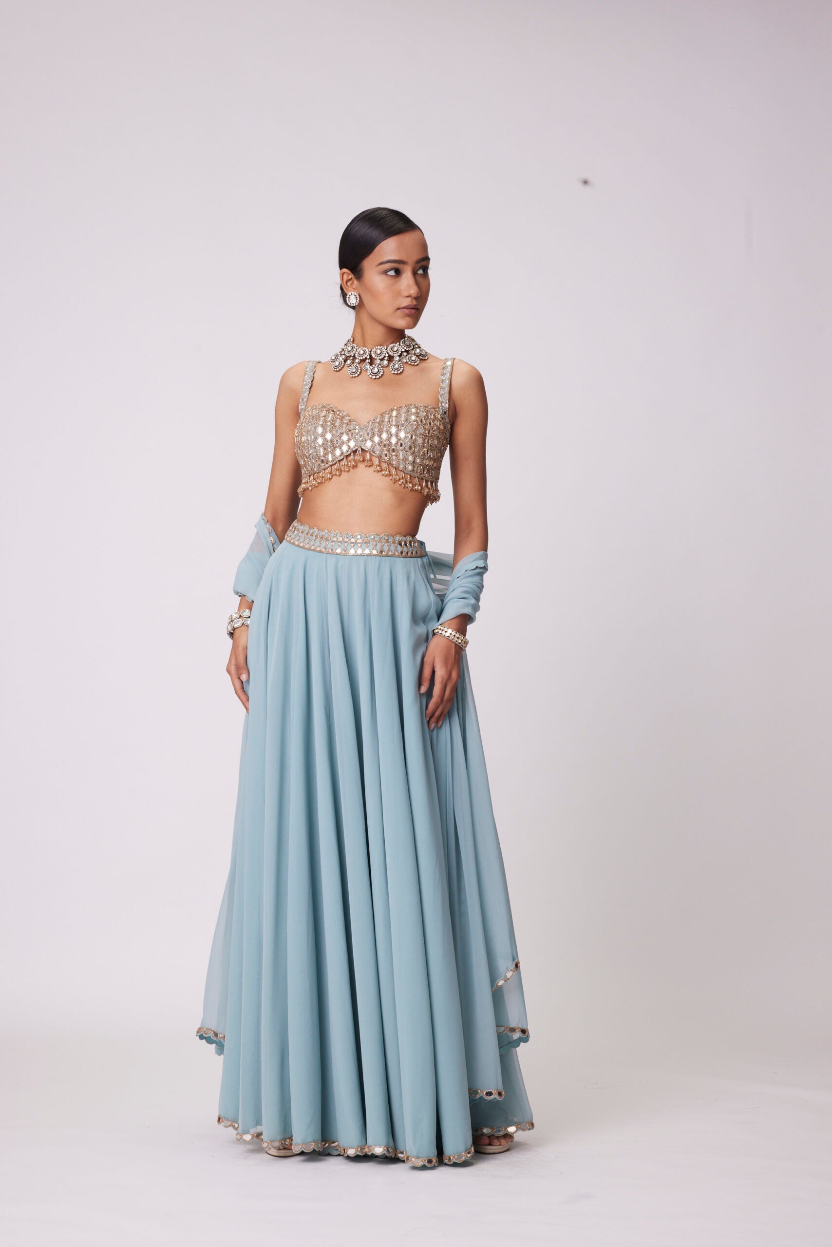 Powder Blue Mirror Embroidered Lehenga Pants set