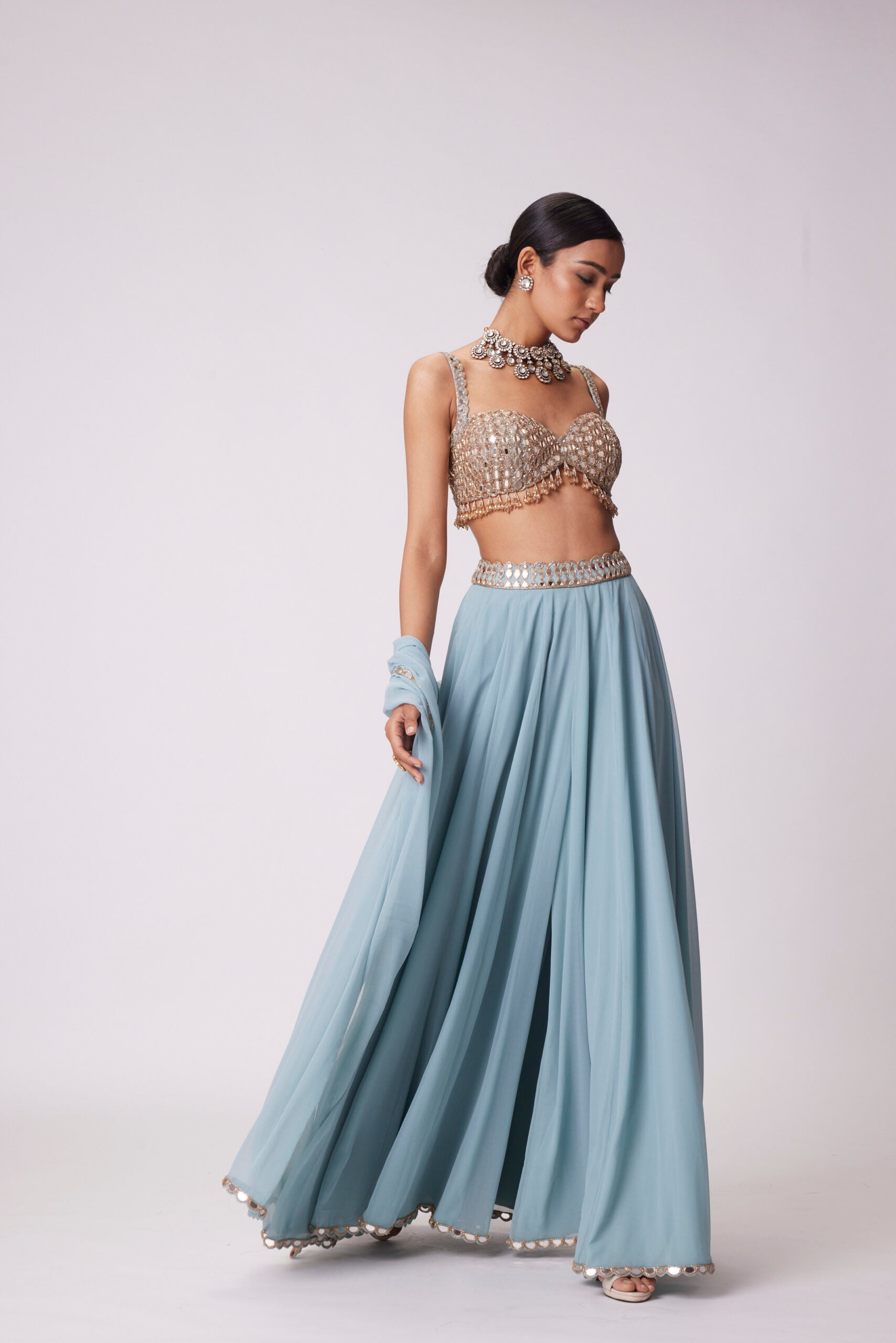 Powder Blue Mirror Embroidered Lehenga Pants set