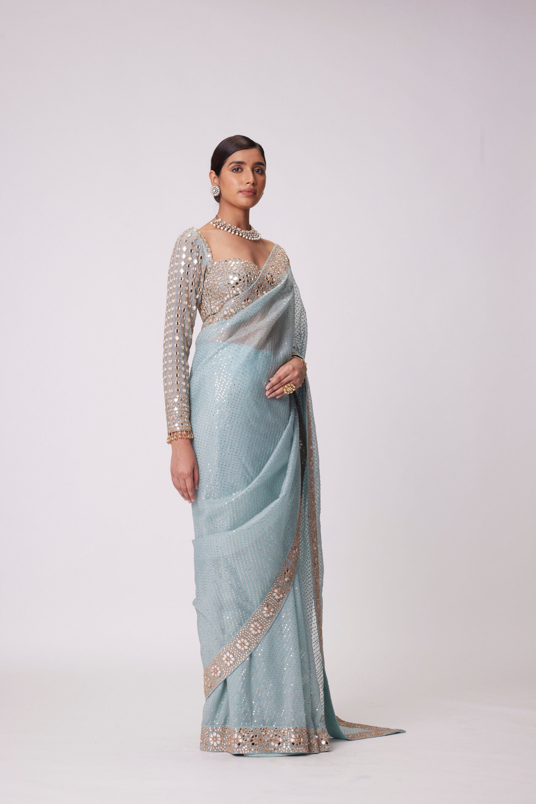 Powder Blue Organza Saree Set