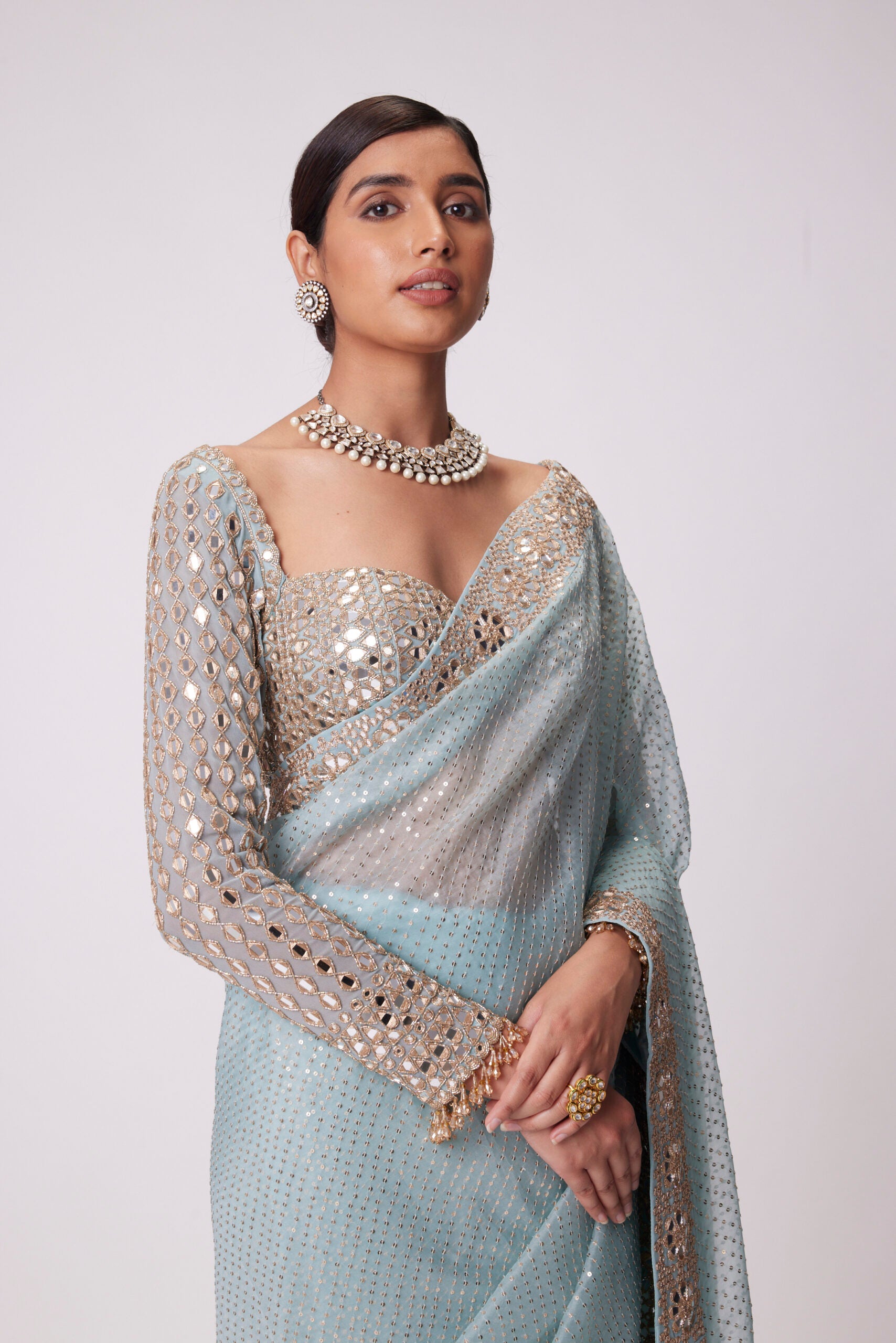 Powder Blue Organza Saree Set