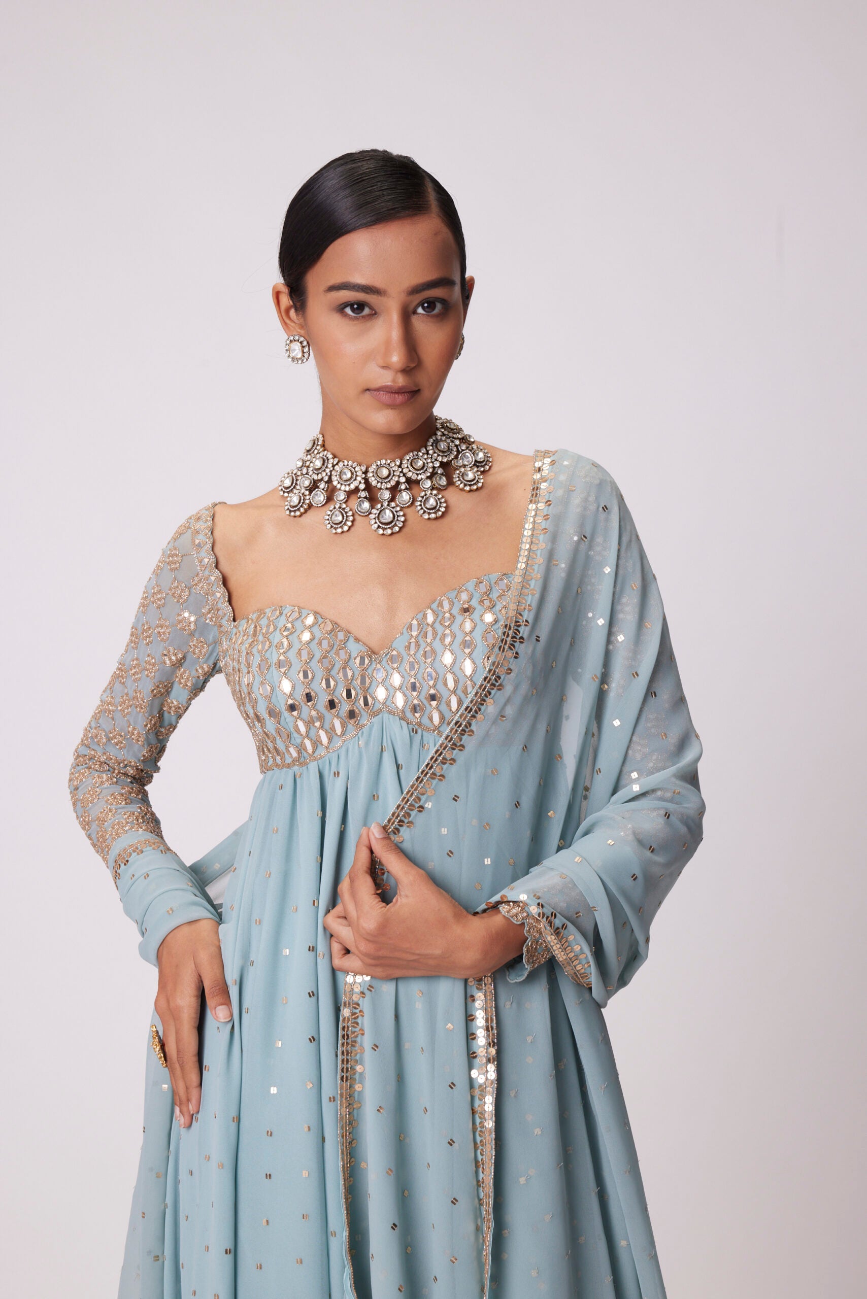 Powder Blue Mirror Embroidered Kurta Set