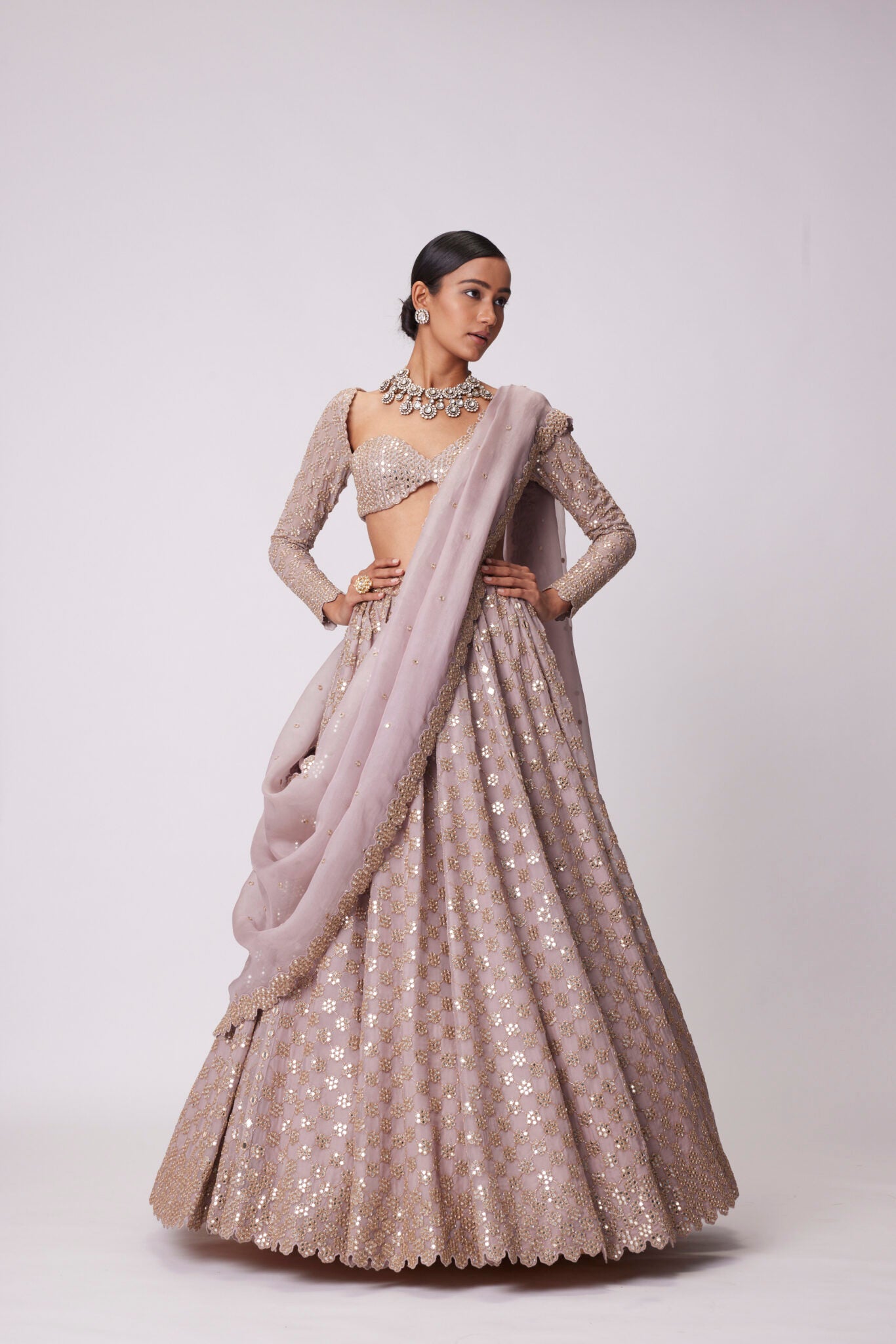 Ash Pink Flower Embroidered Lehenga Set