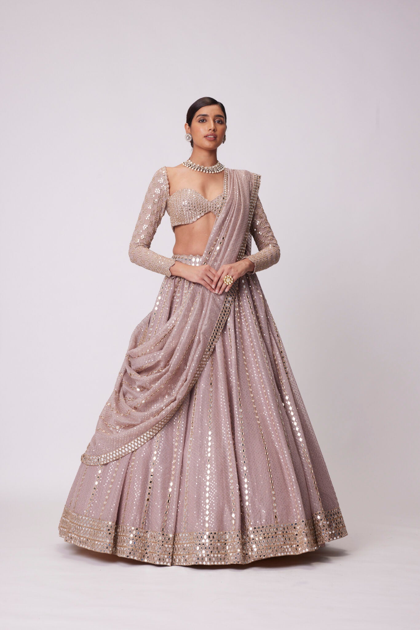 Ash Pink Sequin And Mirror Embroidered Lehenga Set