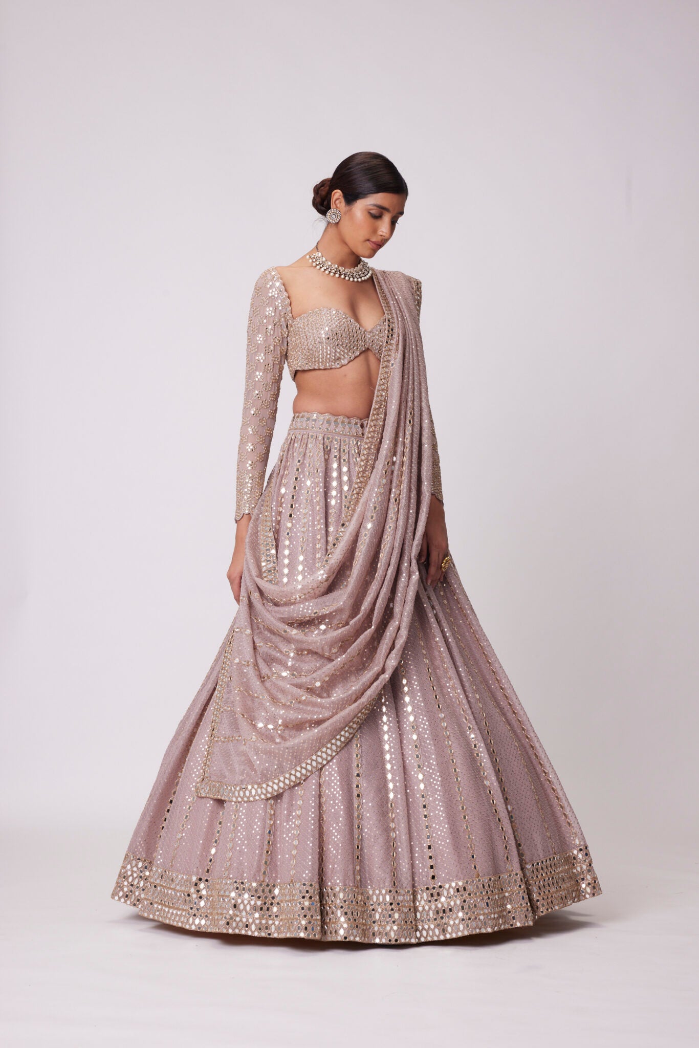 Ash Pink Sequin And Mirror Embroidered Lehenga Set