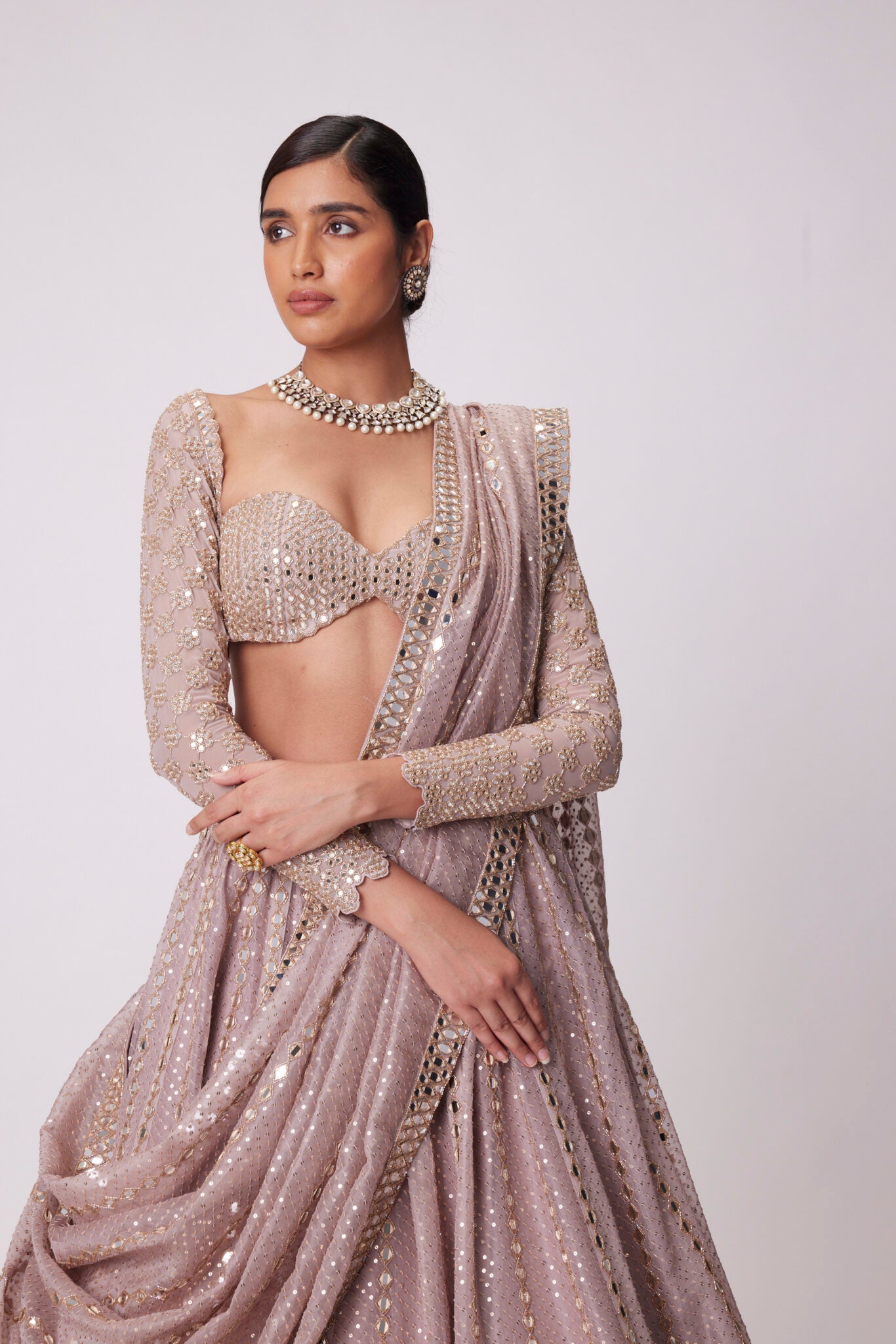 Ash Pink Sequin And Mirror Embroidered Lehenga Set - Ready to Ship