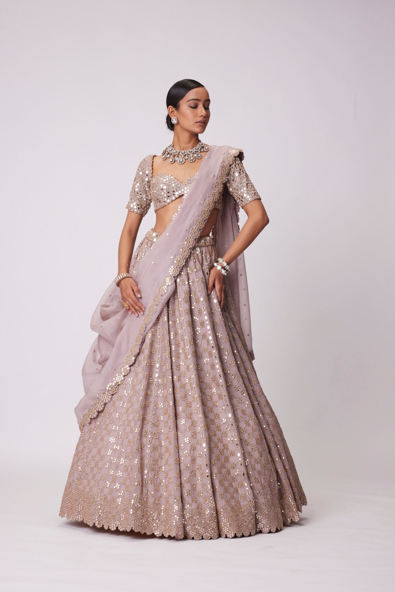 Ash Pink Mirror Flower Embroidered Lehenga Set