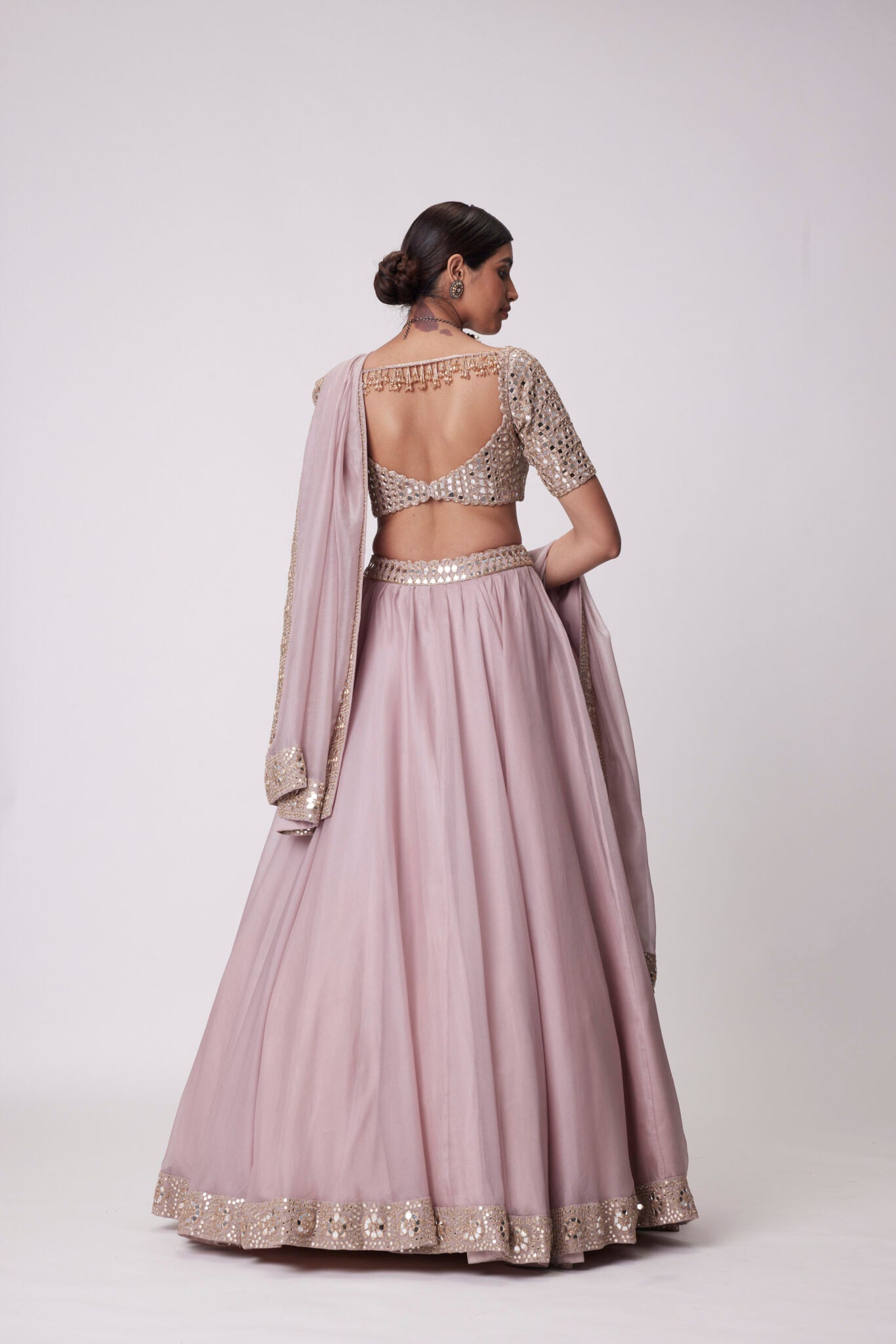 Ash Pink flower Border Organza Lehenga Set