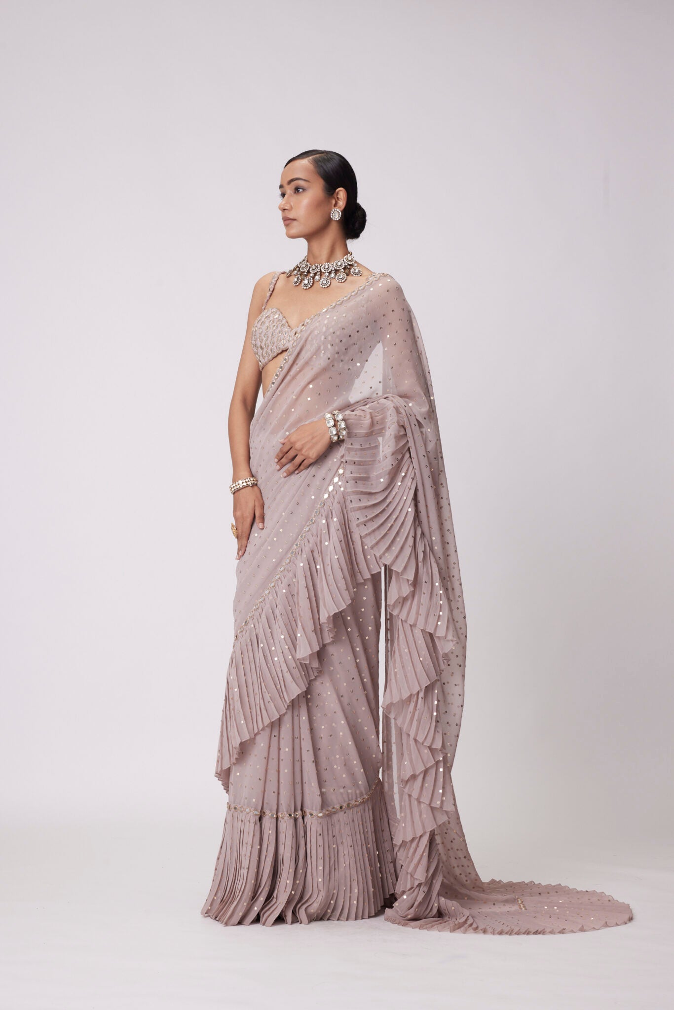 Ash Pink Frill Saree Set