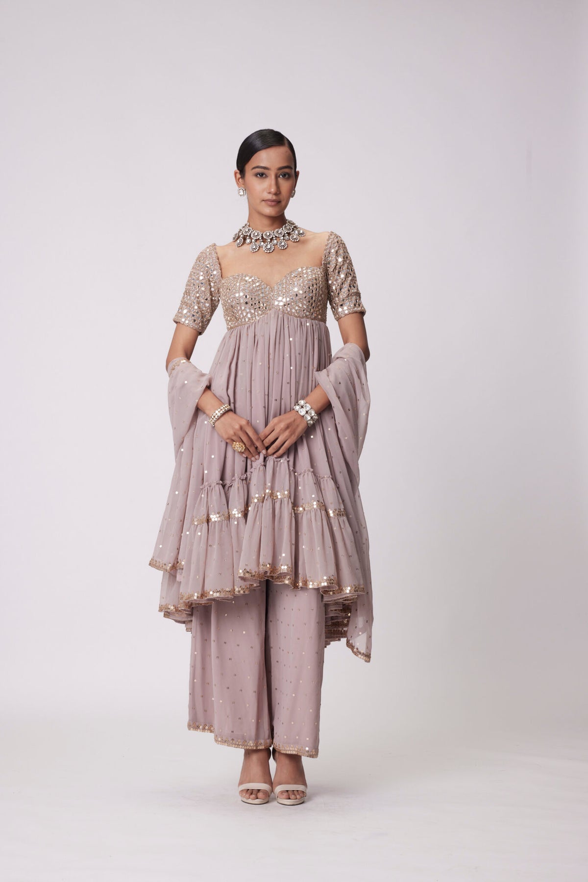 Ash Pink High Low Real Hand Cut Mirror Embroidered Kurta Set
