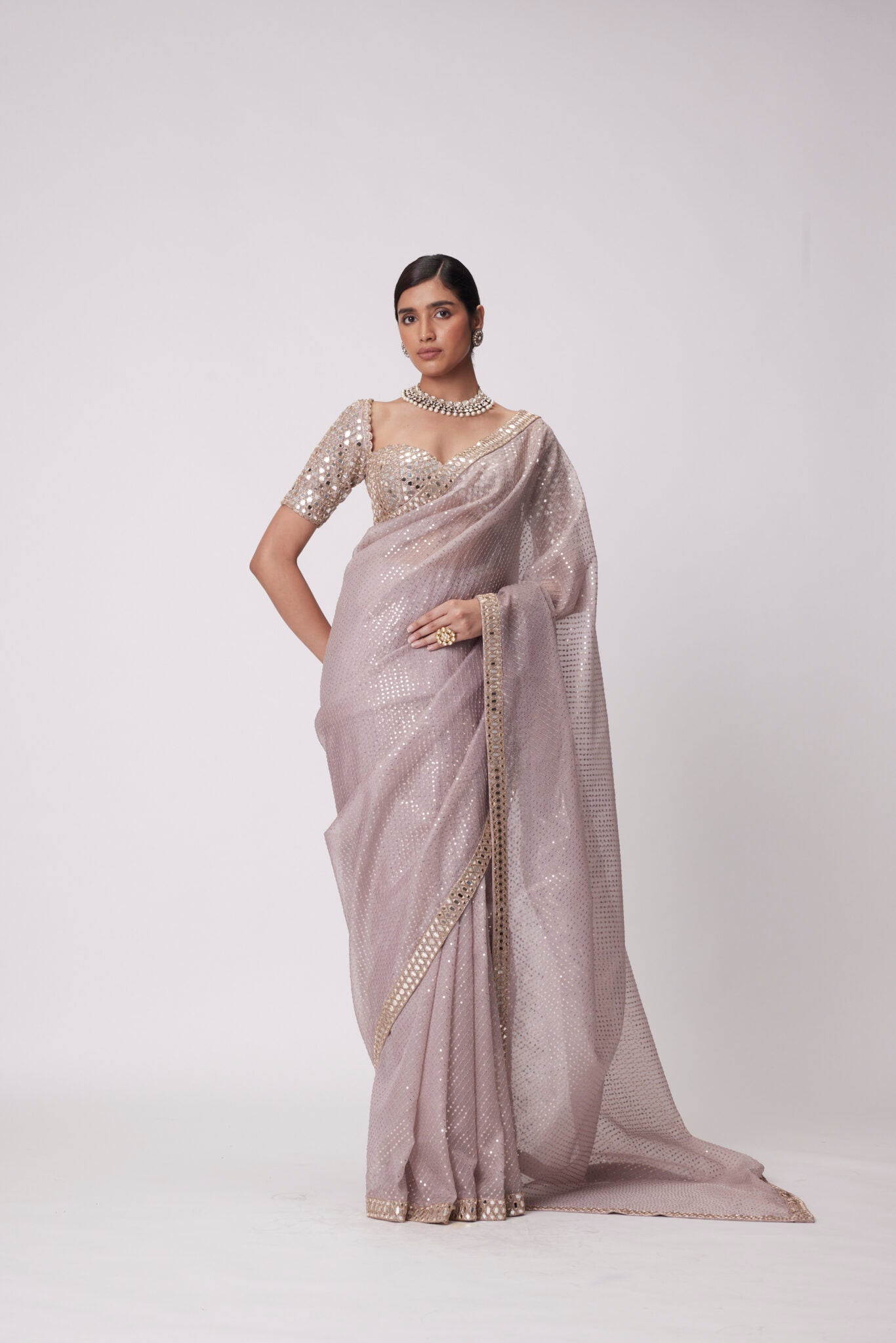 Ash Pink Organza Saree Set