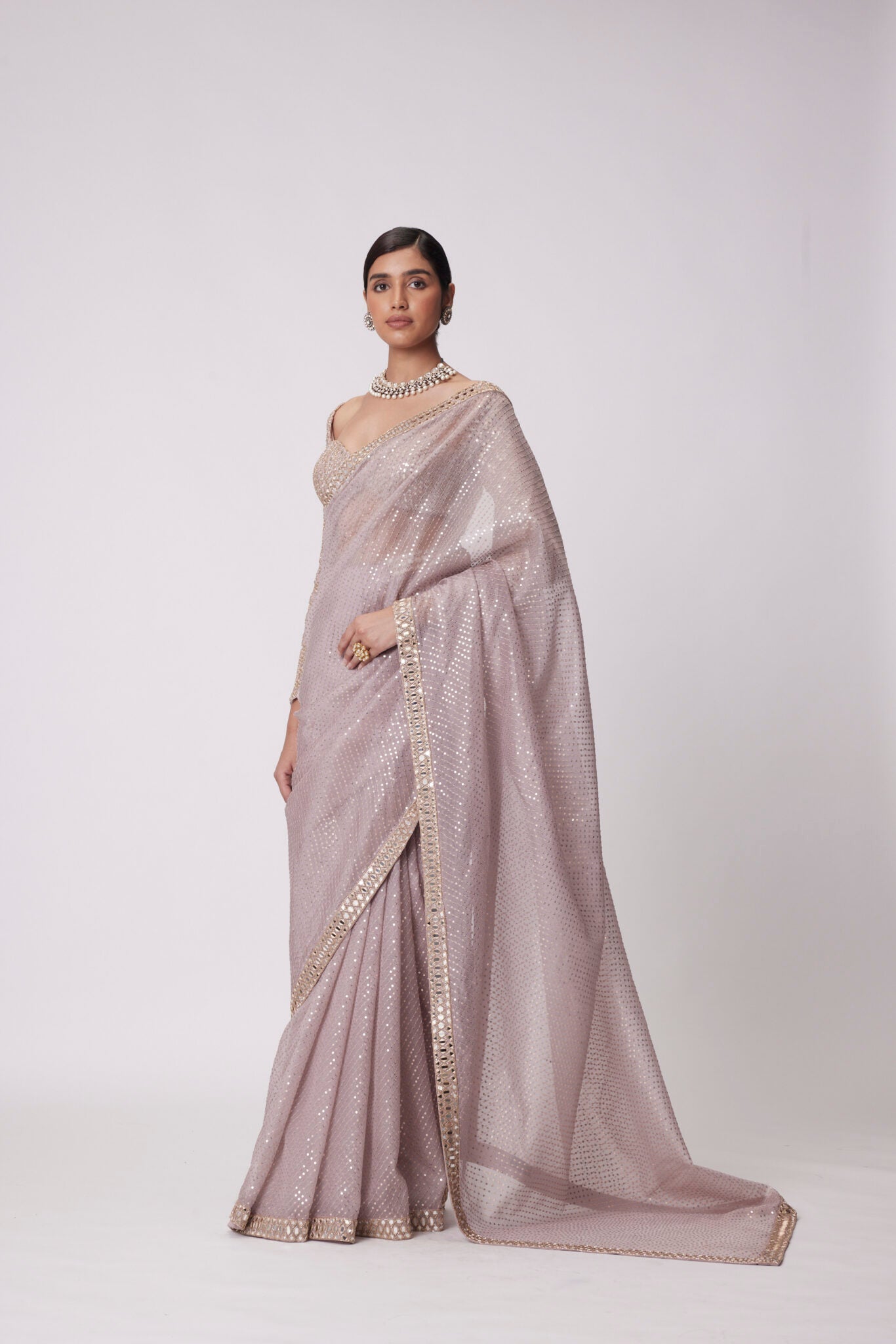 Ash Pink Hand Embroidered Organza Saree Set