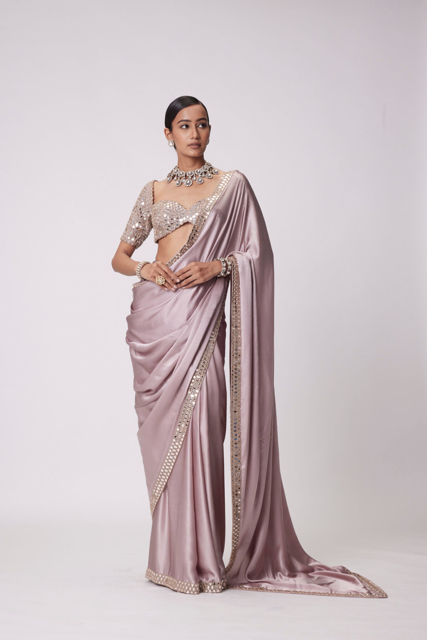 Ash pink Satin Saree Set